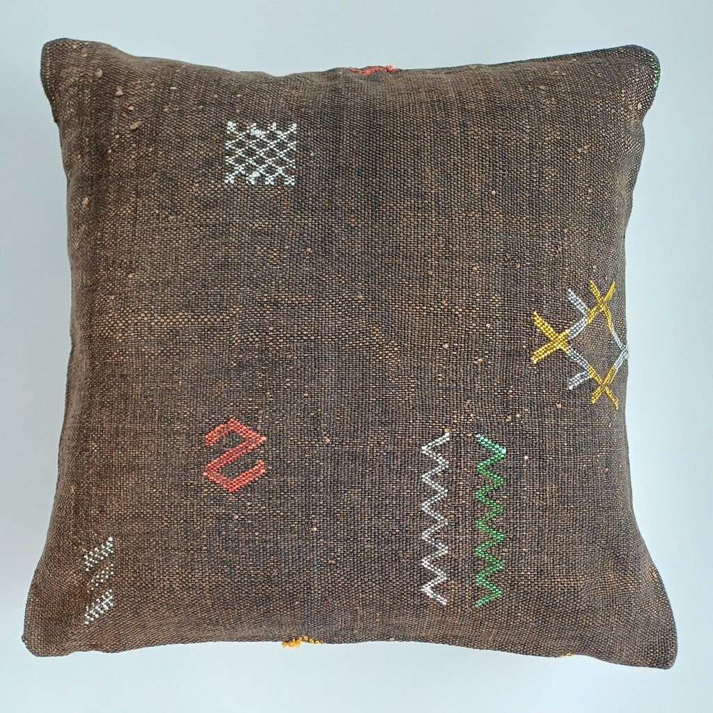 Moroccan Handmade Charcoal Brown Cactus Silk Cushion Cover 20''x20'' / 50x50 CM