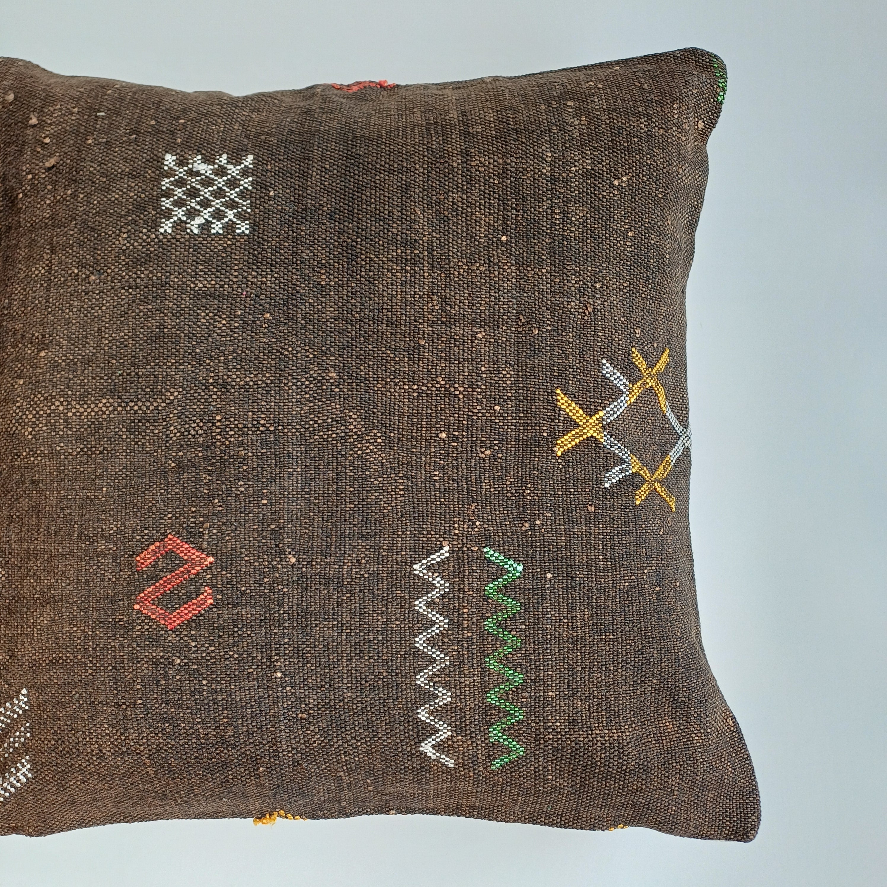 Moroccan Handmade Charcoal Brown Cactus Silk Cushion Cover 20''x20'' / 50x50 CM