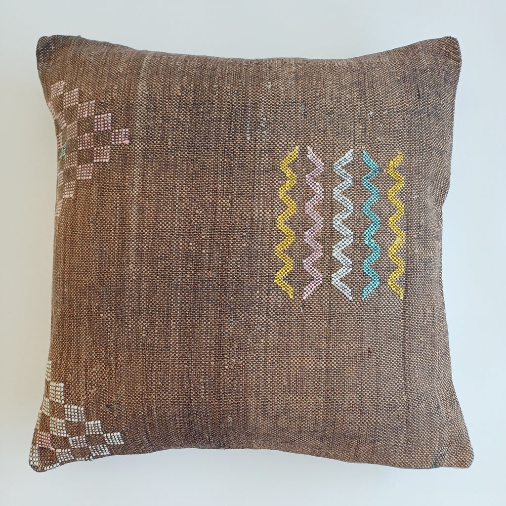 Moroccan Handmade Charcoal Brown Cactus Silk Cushion Cover 20''x20'' / 50x50 CM