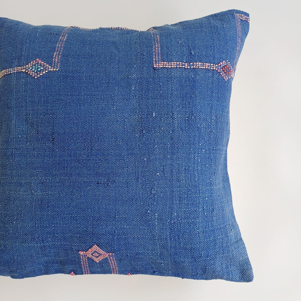 Moroccan Handmade Royal Blue Cactus Silk Cushion Cover 20''x20'' / 50x50 CM