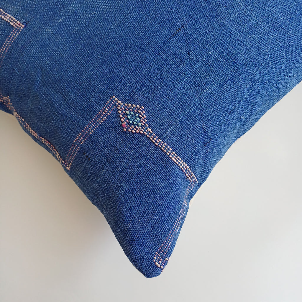 Moroccan Handmade Royal Blue Cactus Silk Cushion Cover 20''x20'' / 50x50 CM