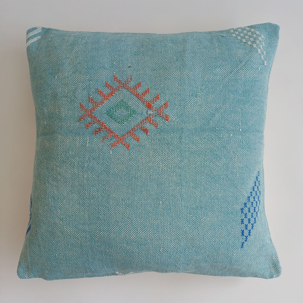 Moroccan Handmade Teal Blue Cactus Silk Cushion Cover 20''x20'' / 50x50 CM