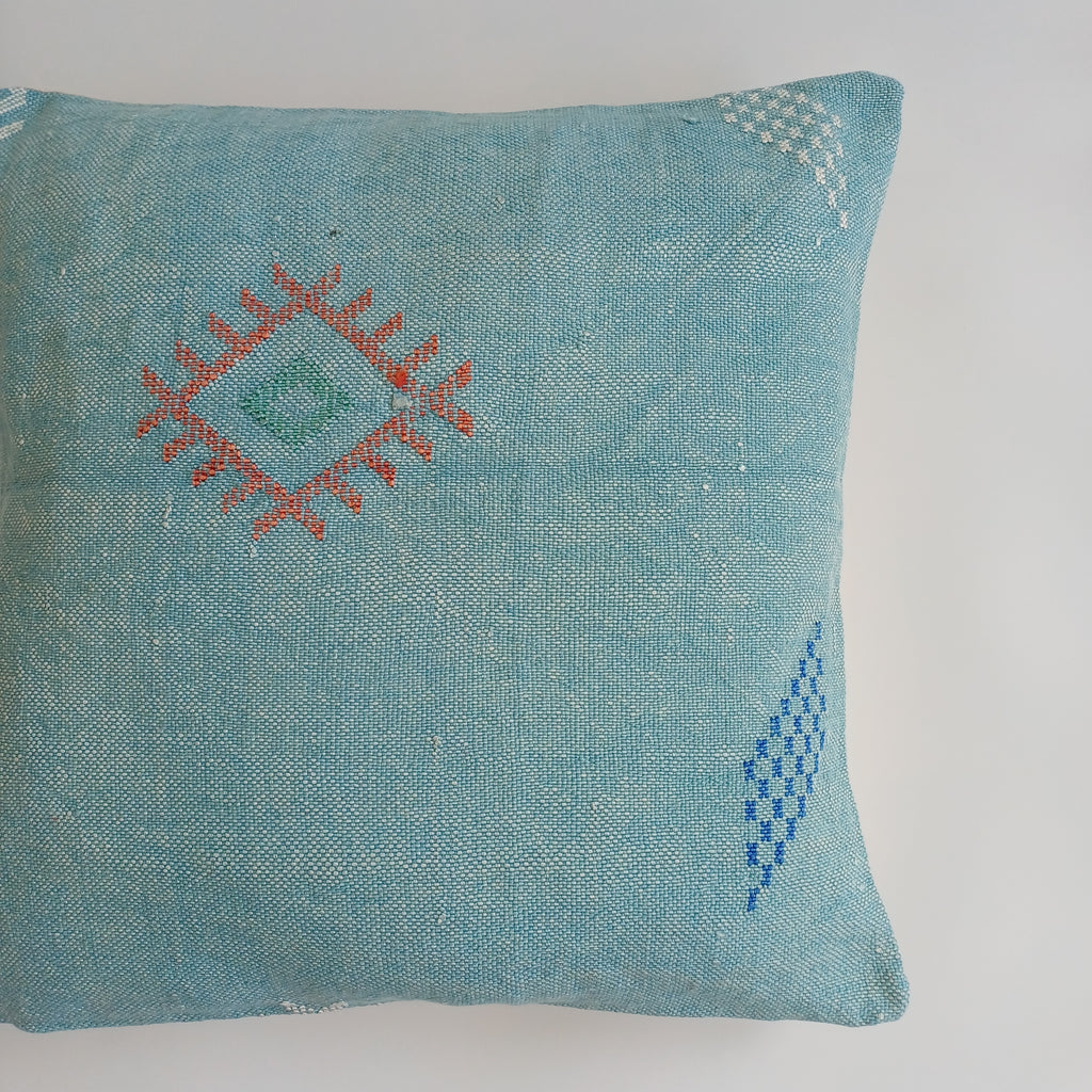 Moroccan Handmade Teal Blue Cactus Silk Cushion Cover 20''x20'' / 50x50 CM
