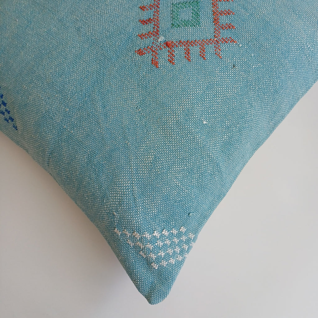 Moroccan Handmade Teal Blue Cactus Silk Cushion Cover 20''x20'' / 50x50 CM