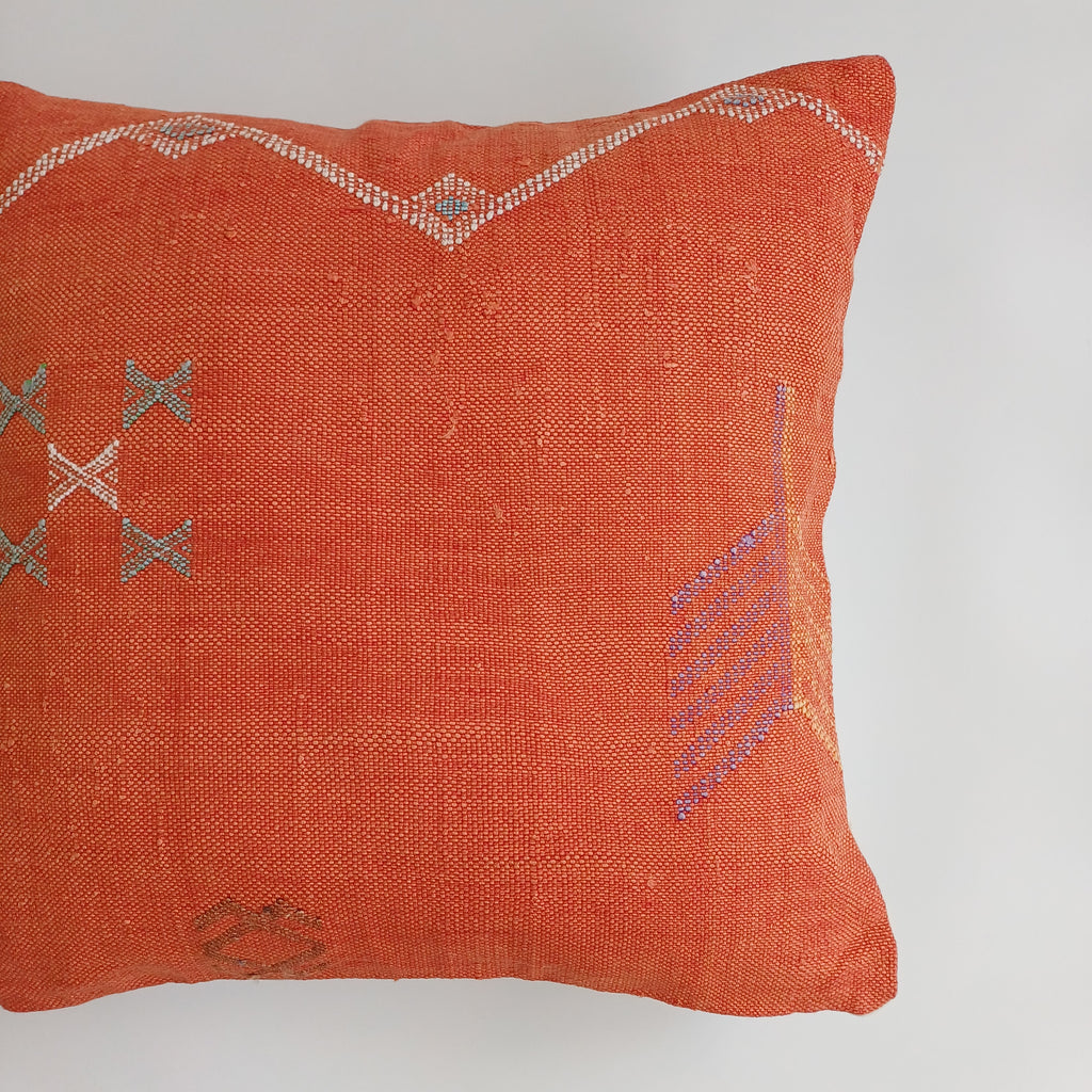 Moroccan Handmade Orange Red Cactus Silk Cushion Cover 20''x20'' / 50x50 CM