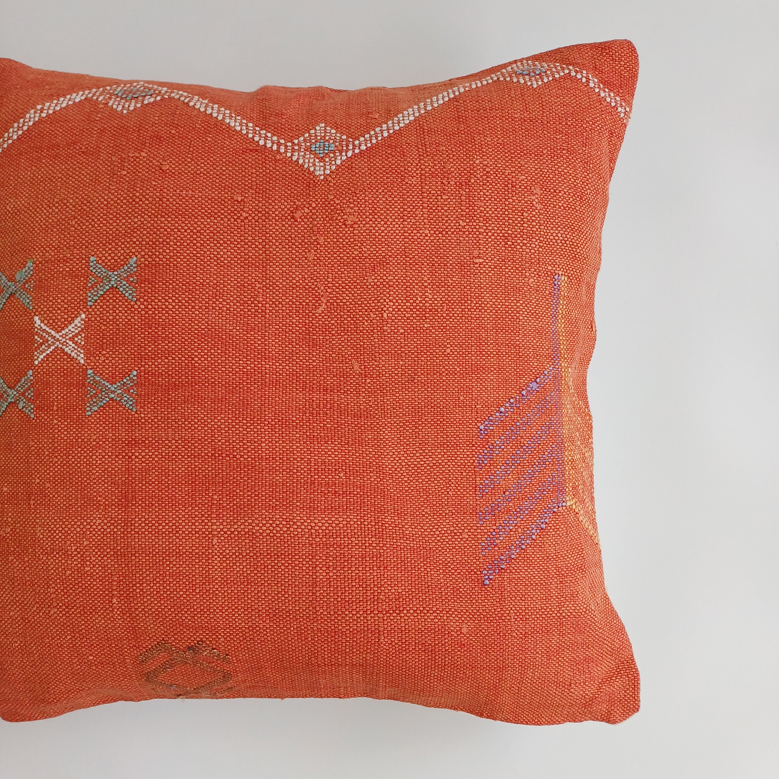 Moroccan Handmade Orange Red Cactus Silk Cushion Cover 20''x20'' / 50x50 CM