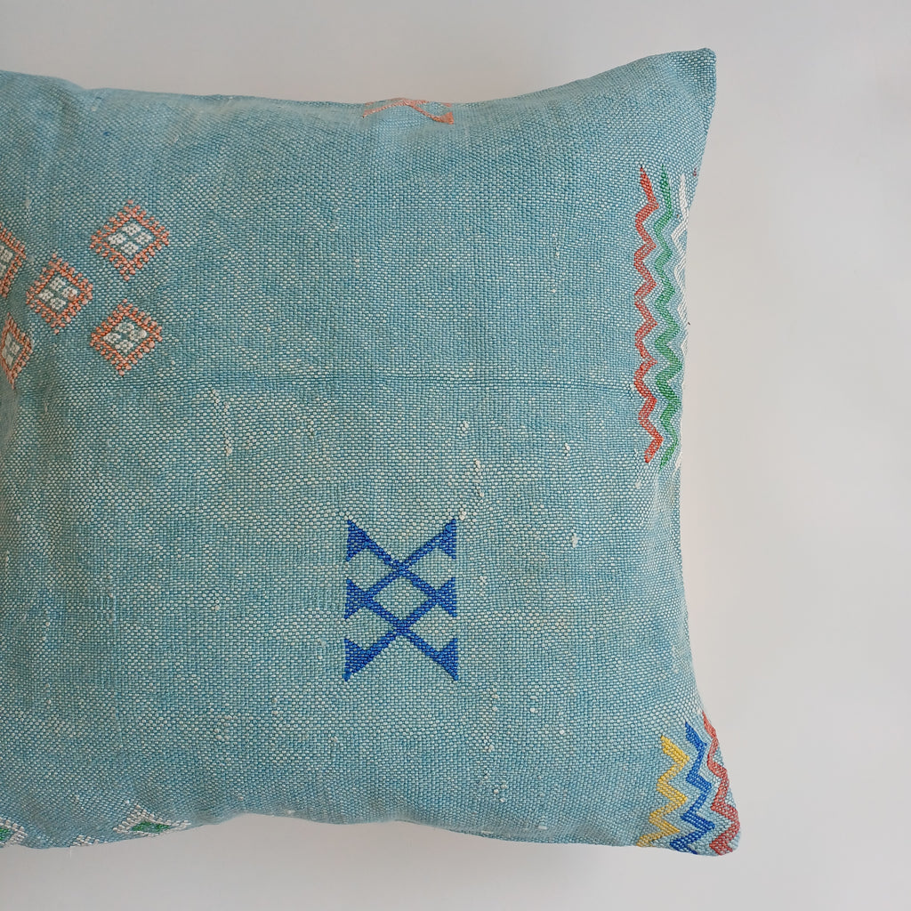 Moroccan Handmade Teal Blue Cactus Silk Cushion Cover 20''x20'' / 50x50 CM