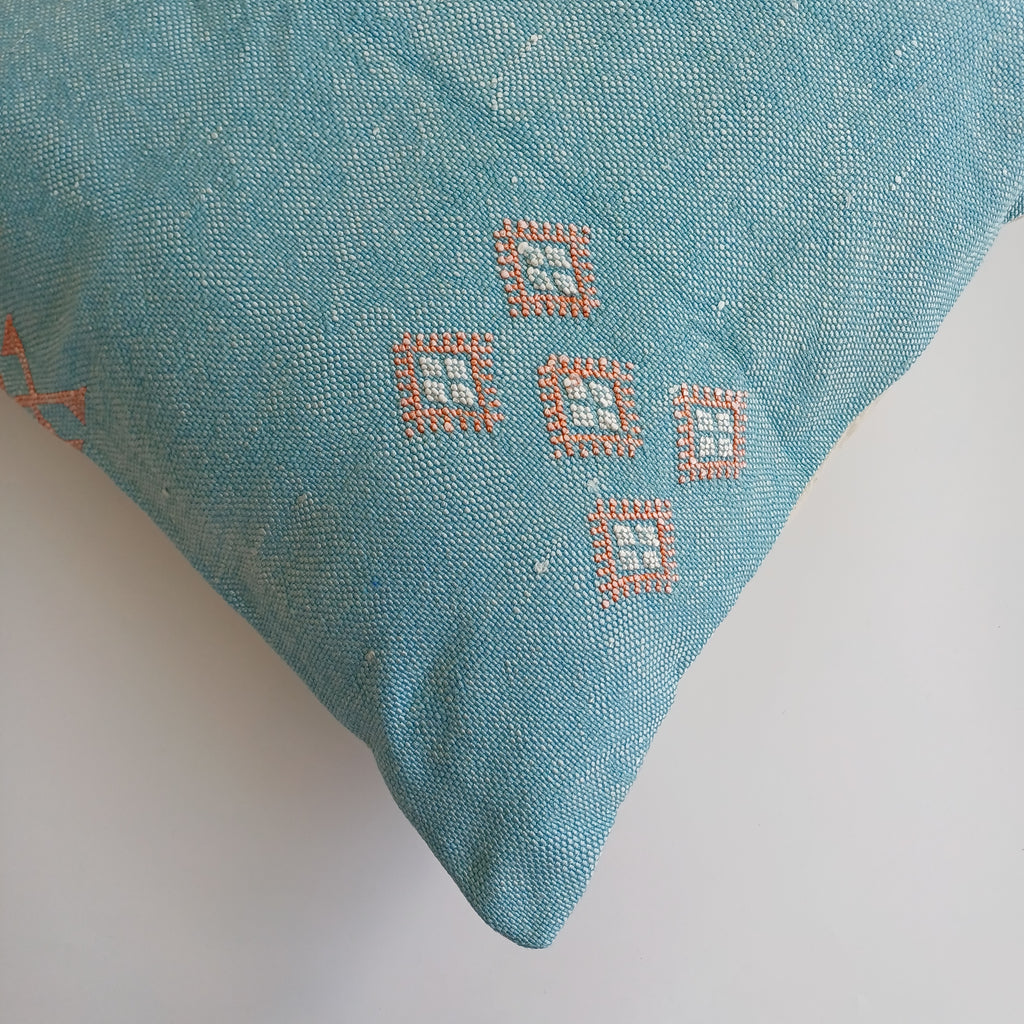 Moroccan Handmade Teal Blue Cactus Silk Cushion Cover 20''x20'' / 50x50 CM