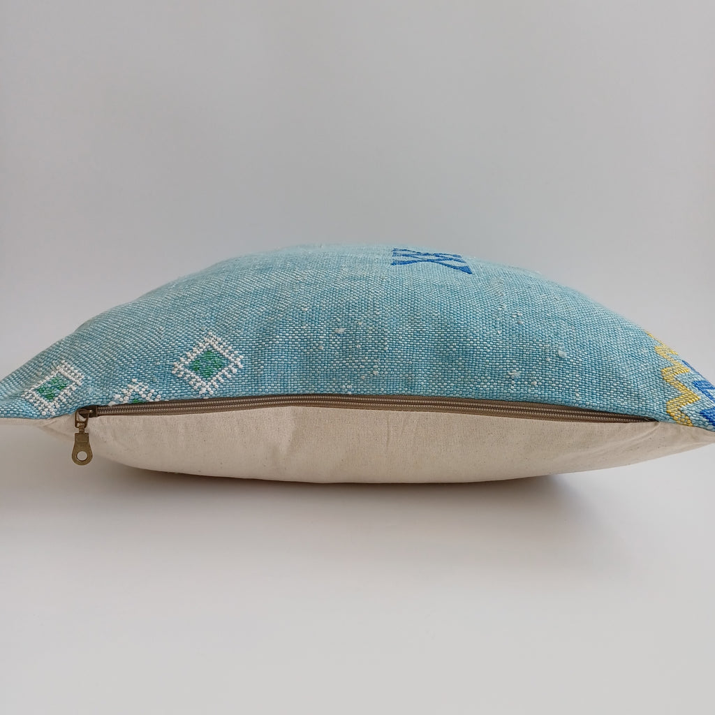 Moroccan Handmade Teal Blue Cactus Silk Cushion Cover 20''x20'' / 50x50 CM