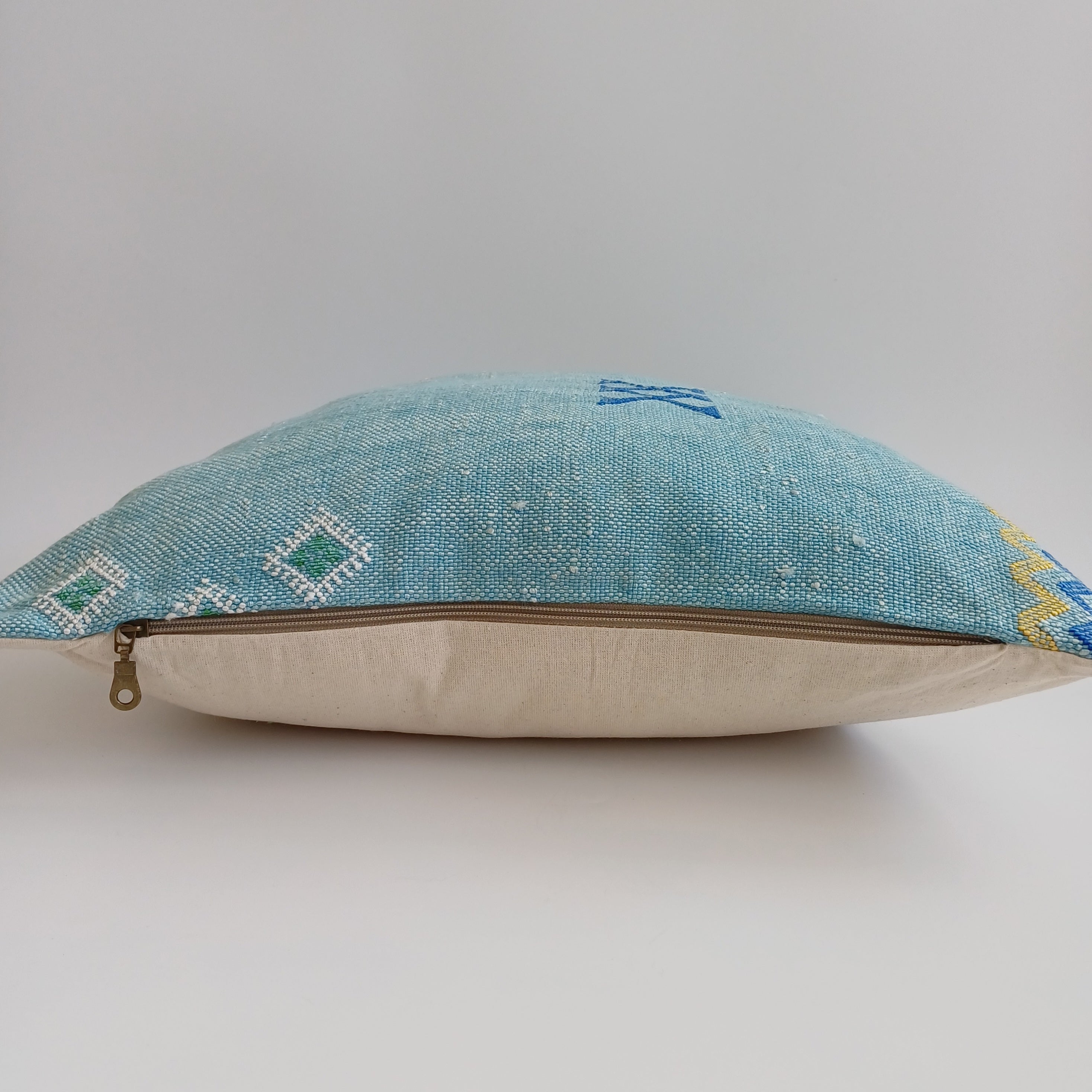 Moroccan Handmade Teal Blue Cactus Silk Cushion Cover 20''x20'' / 50x50 CM