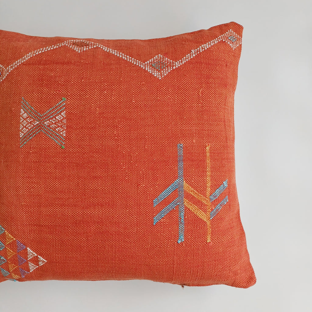 Moroccan Handmade Orange Red Cactus Silk Cushion Cover 20''x20'' / 50x50 CM