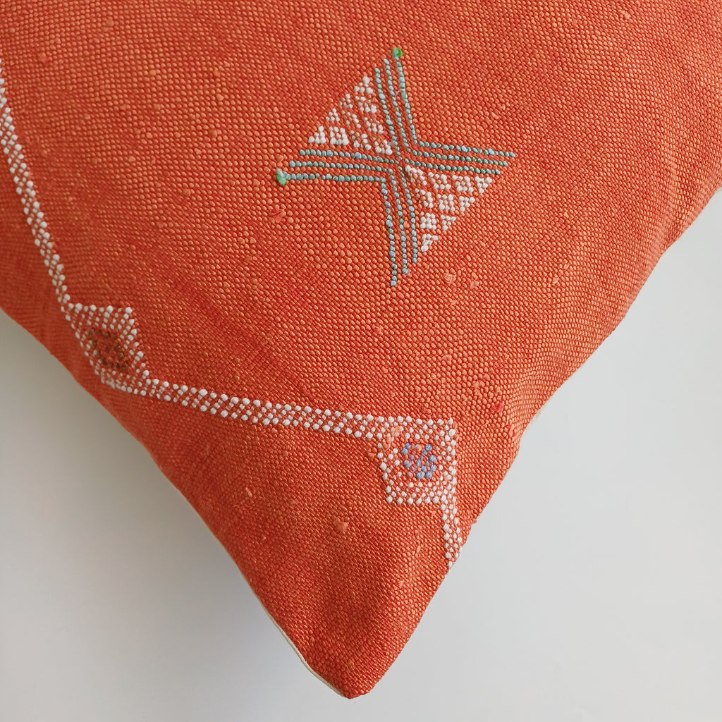 Moroccan Handmade Orange Red Cactus Silk Cushion Cover 20''x20'' / 50x50 CM