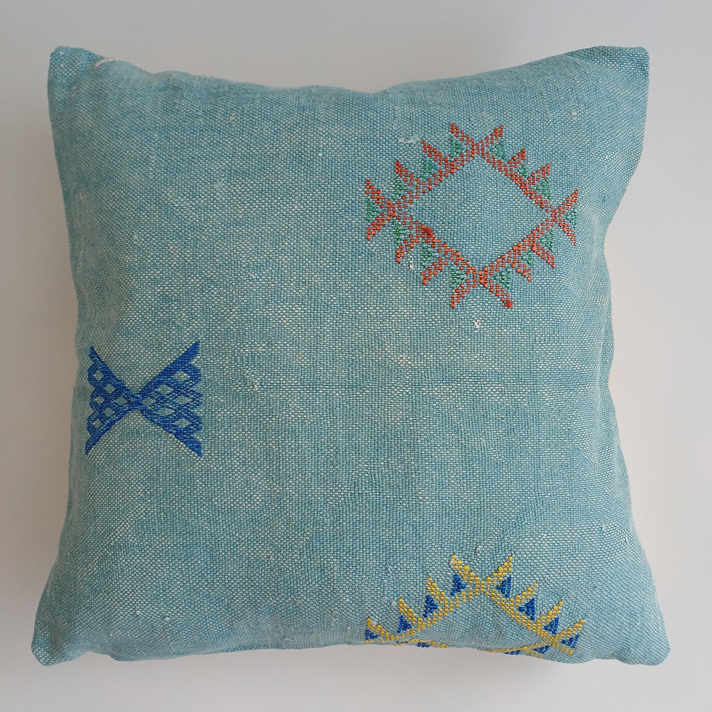 Moroccan Handmade Teal Blue Cactus Silk Cushion Cover 20''x20'' / 50x50 CM