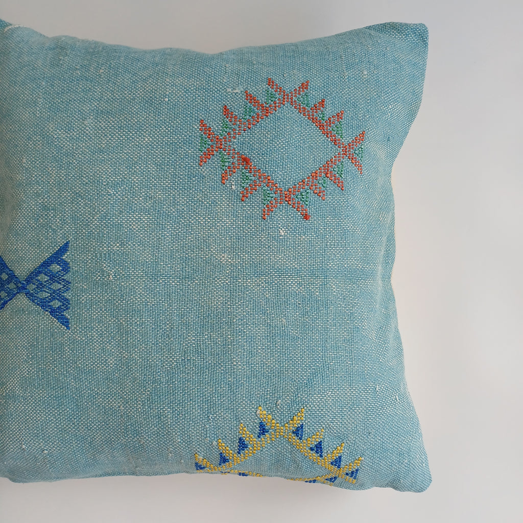 Moroccan Handmade Teal Blue Cactus Silk Cushion Cover 20''x20'' / 50x50 CM