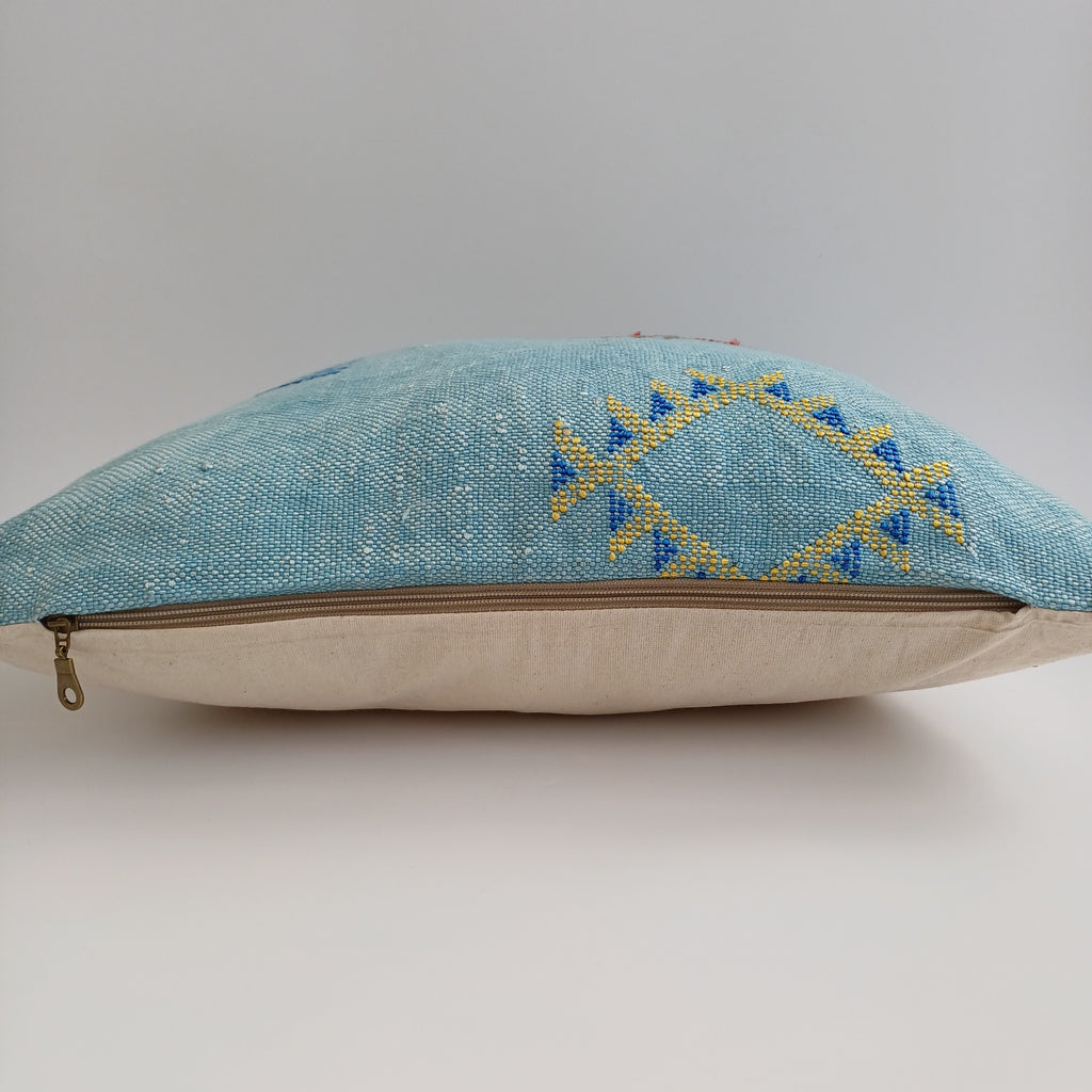 Moroccan Handmade Teal Blue Cactus Silk Cushion Cover 20''x20'' / 50x50 CM
