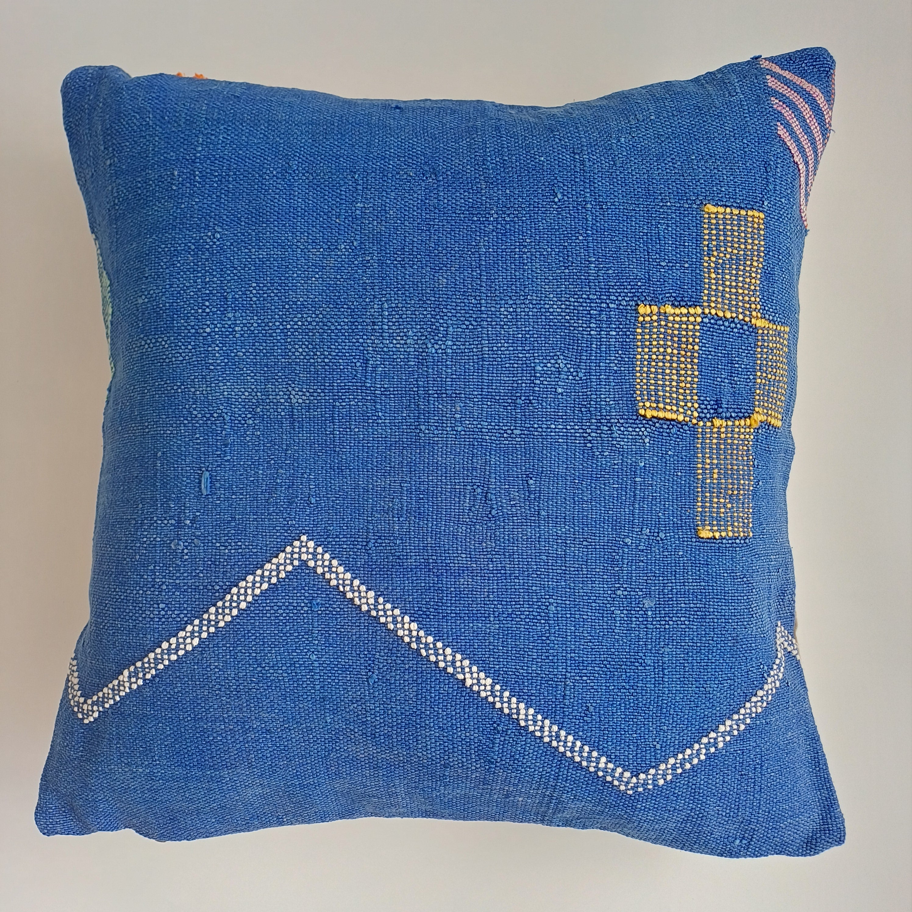 Moroccan Handmade Royal Blue Cactus Silk Cushion Cover 20''x20'' / 50x50 CM