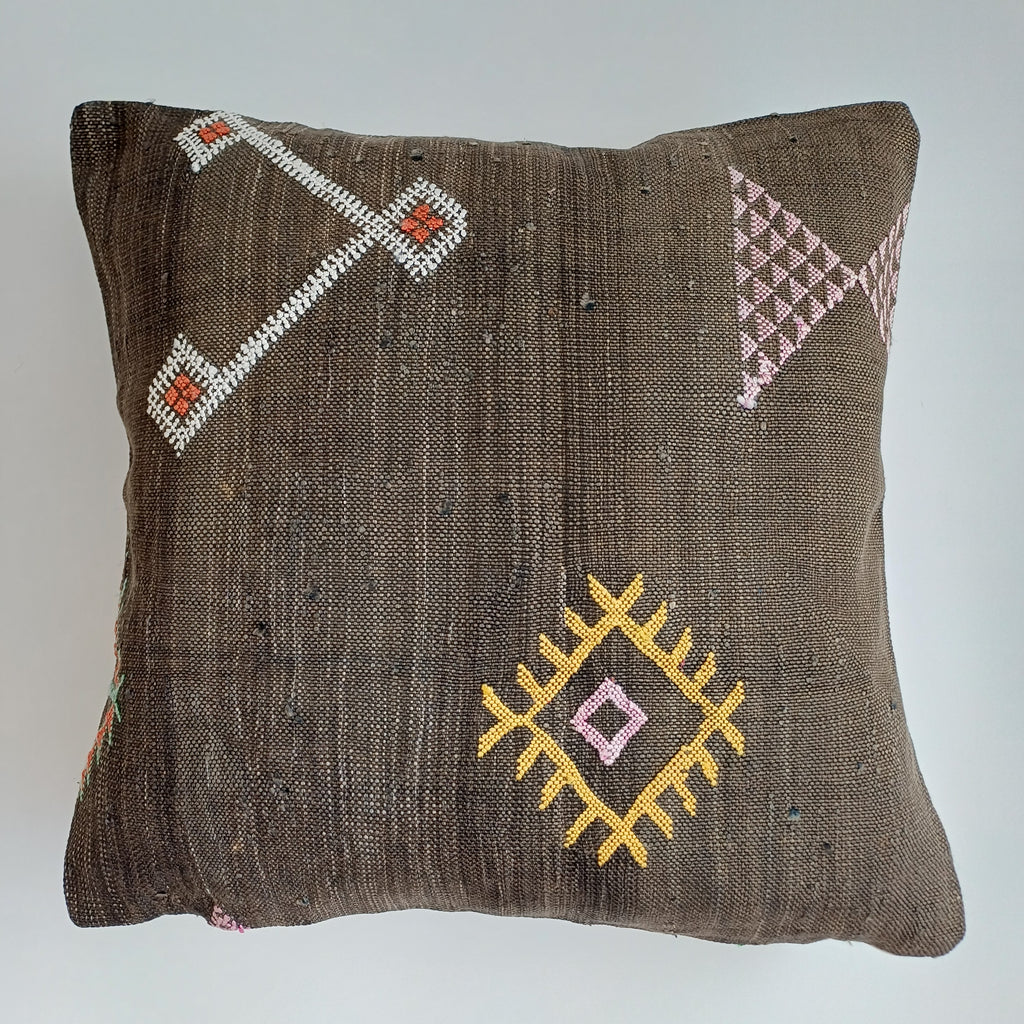 Moroccan Handmade Charcoal Brown Cactus Silk Cushion Cover 20''x20'' / 50x50 CM