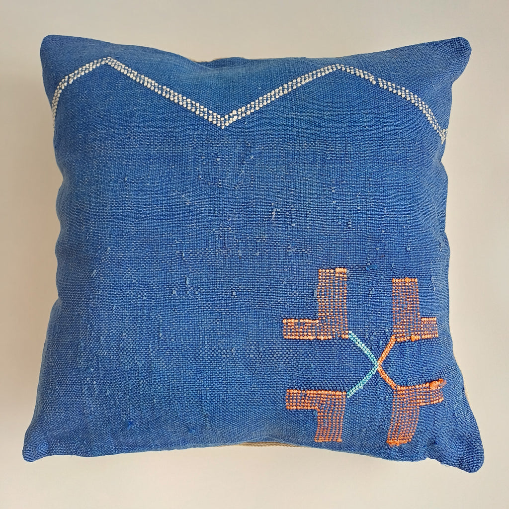 Moroccan Handmade Royal Blue Cactus Silk Cushion Cover 20''x20'' / 50x50 CM