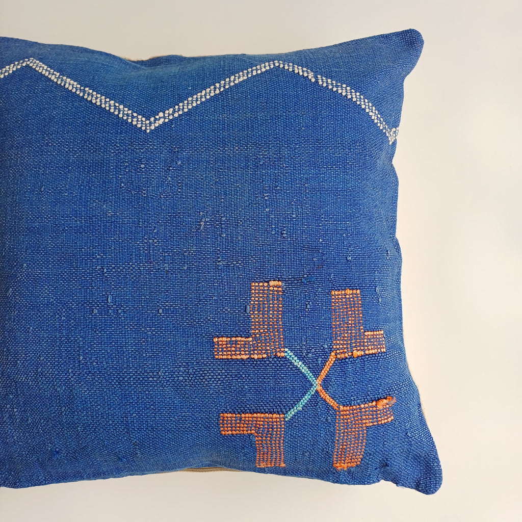 Moroccan Handmade Royal Blue Cactus Silk Cushion Cover 20''x20'' / 50x50 CM