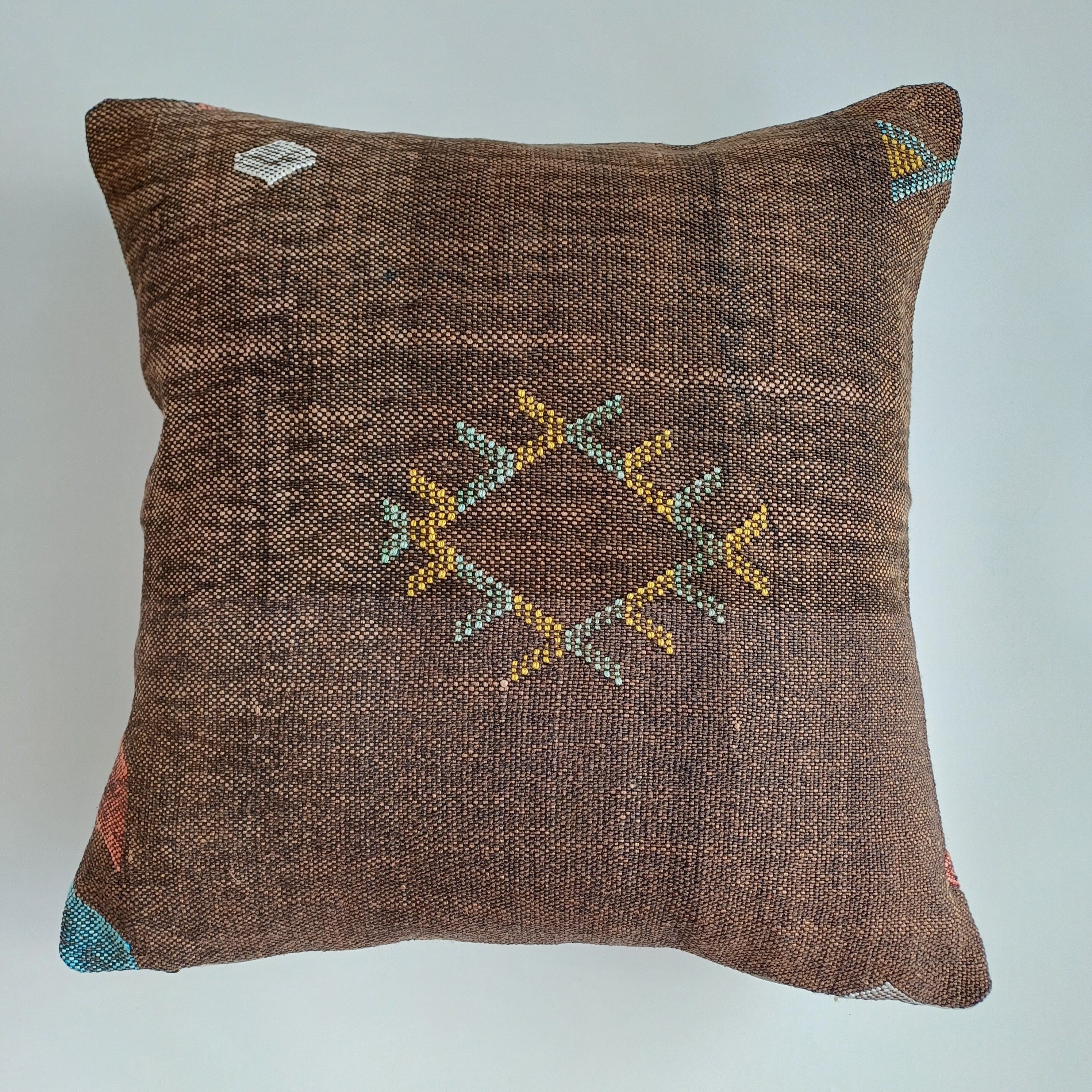 Moroccan Handmade Charcoal Brown Cactus Silk Cushion Cover 19''x19'' / 47x48 CM
