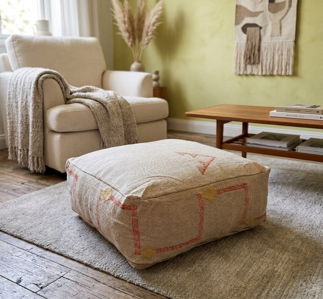 Handmade Moroccan Oatmeal Cactus Silk Pouf 60x60x20 CM