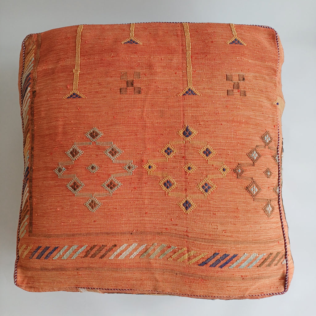 Handmade Moroccan Burnt Orange Cactus Silk Pouf 60x60x20 CM