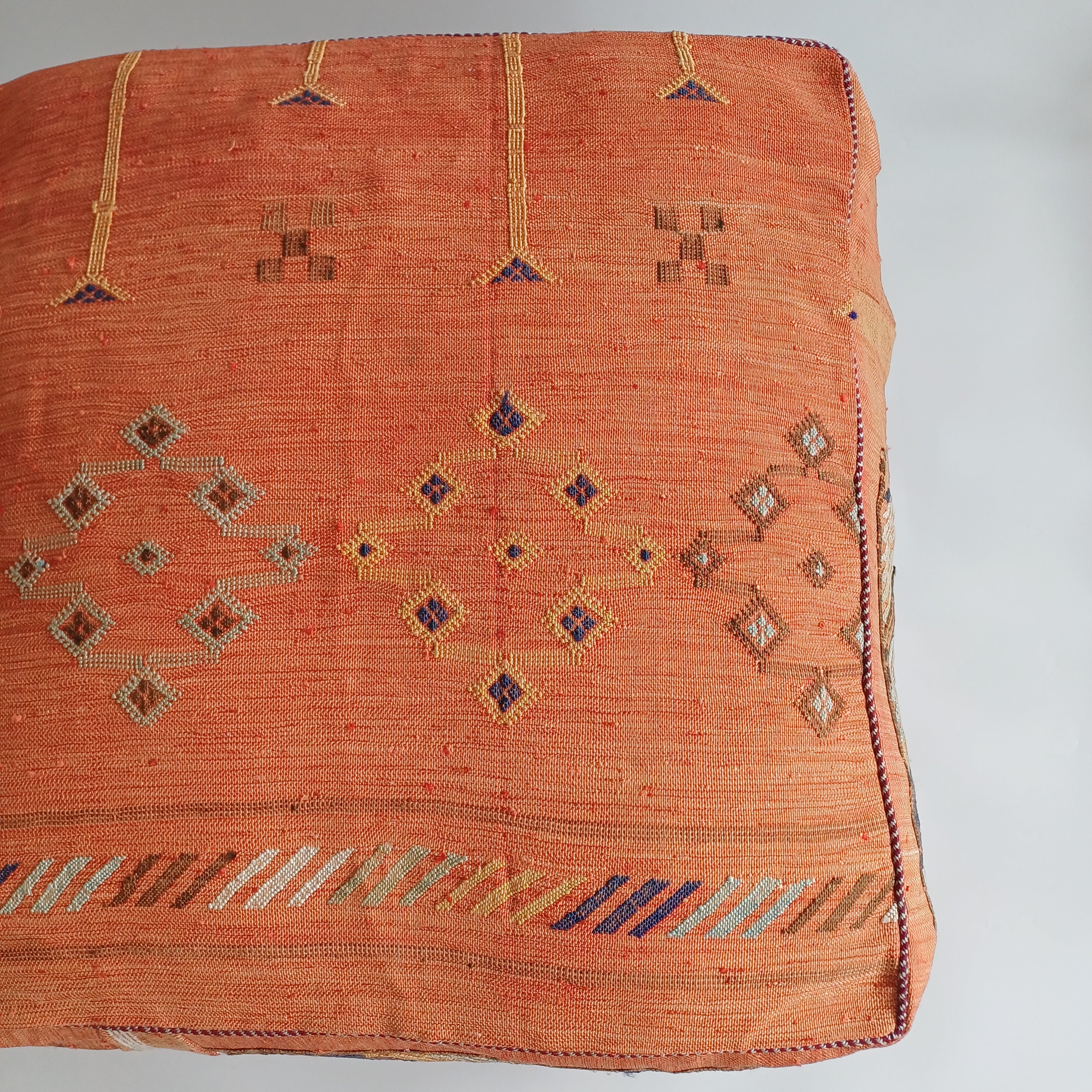 Handmade Moroccan Burnt Orange Cactus Silk Pouf 60x60x20 CM