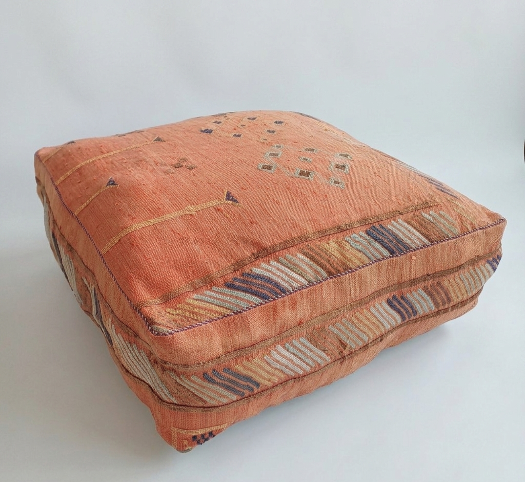 Handmade Moroccan Burnt Orange Cactus Silk Pouf 60x60x20 CM