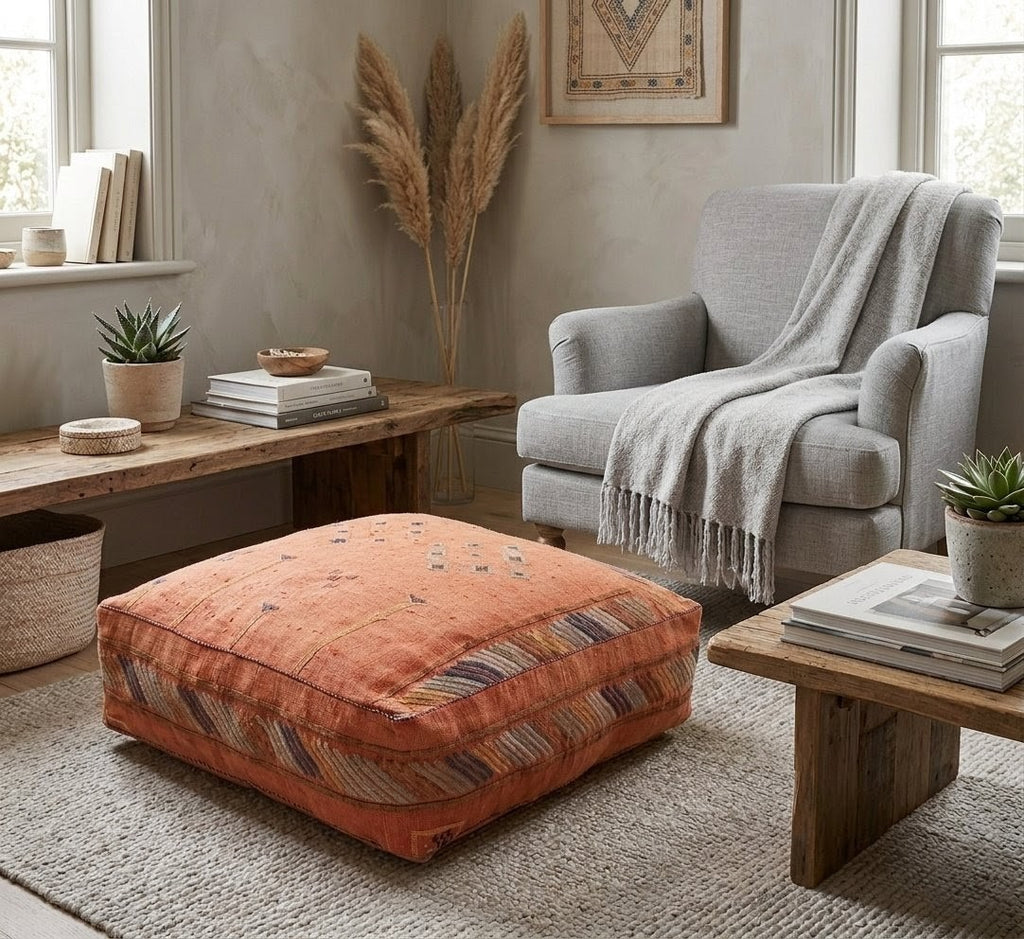 Handmade Moroccan Burnt Orange Cactus Silk Pouf 60x60x20 CM