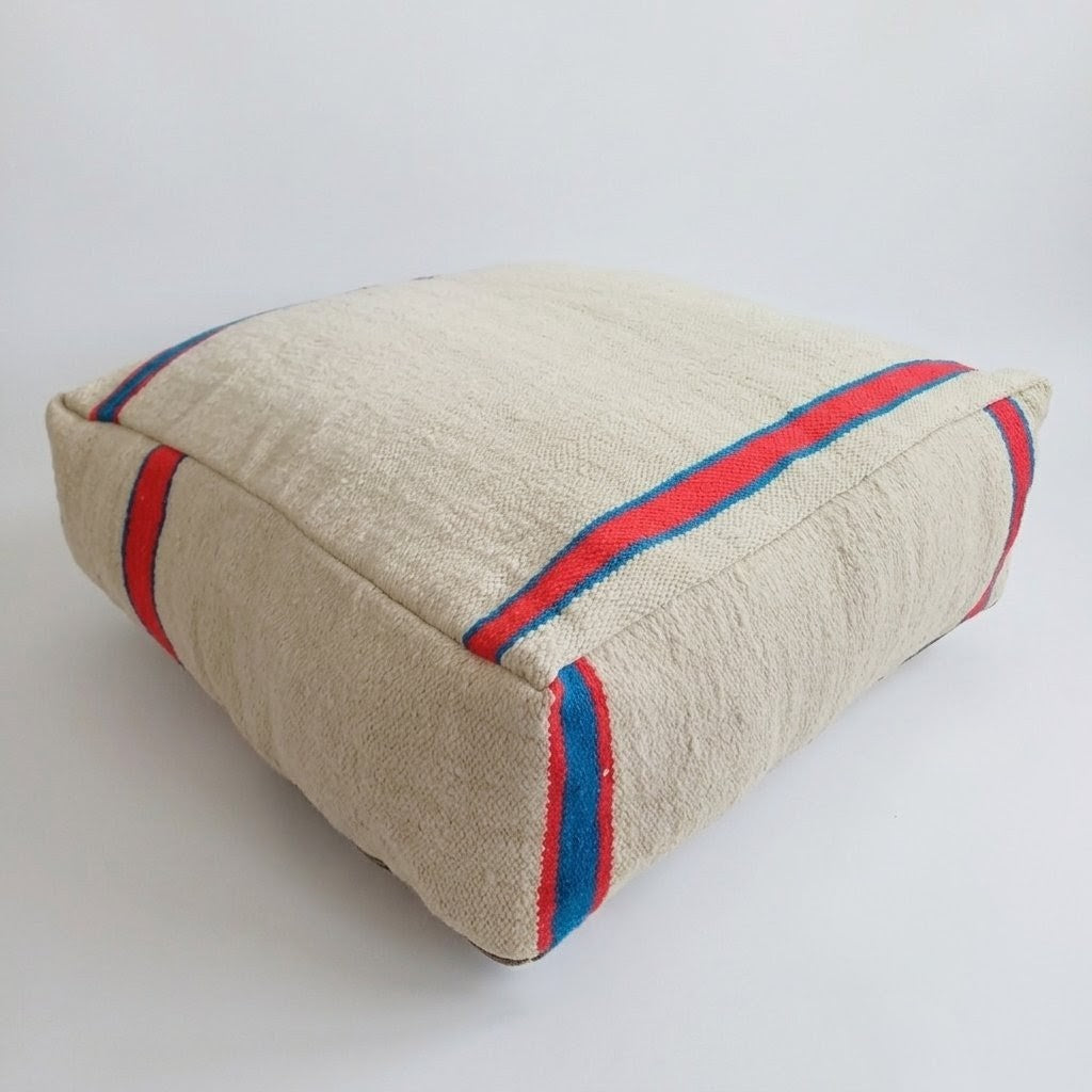 Handmade Moroccan Creamy White Kilim Pouf 60x60x21 CM