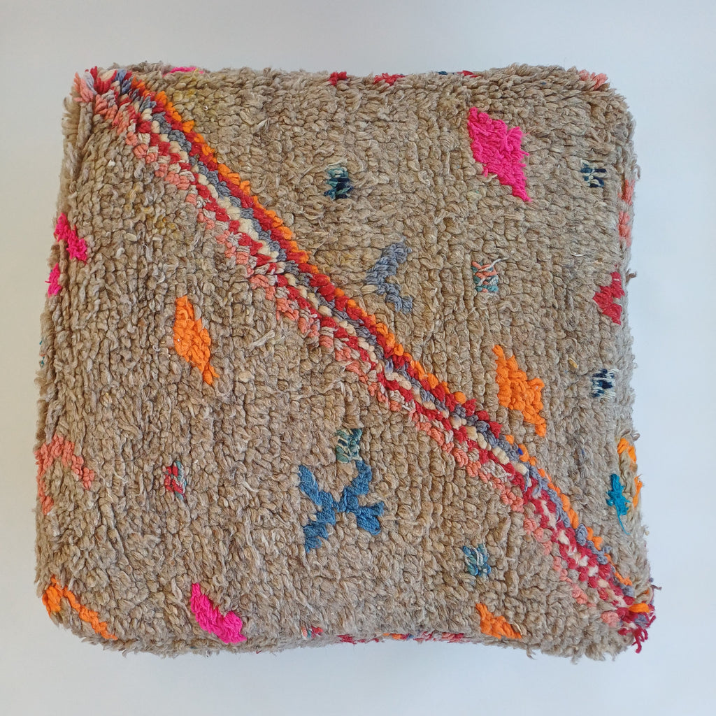 Authentic Vintage Berber Handmade Moroccan Multicoloured Wool Pouf 60x60x20 CM