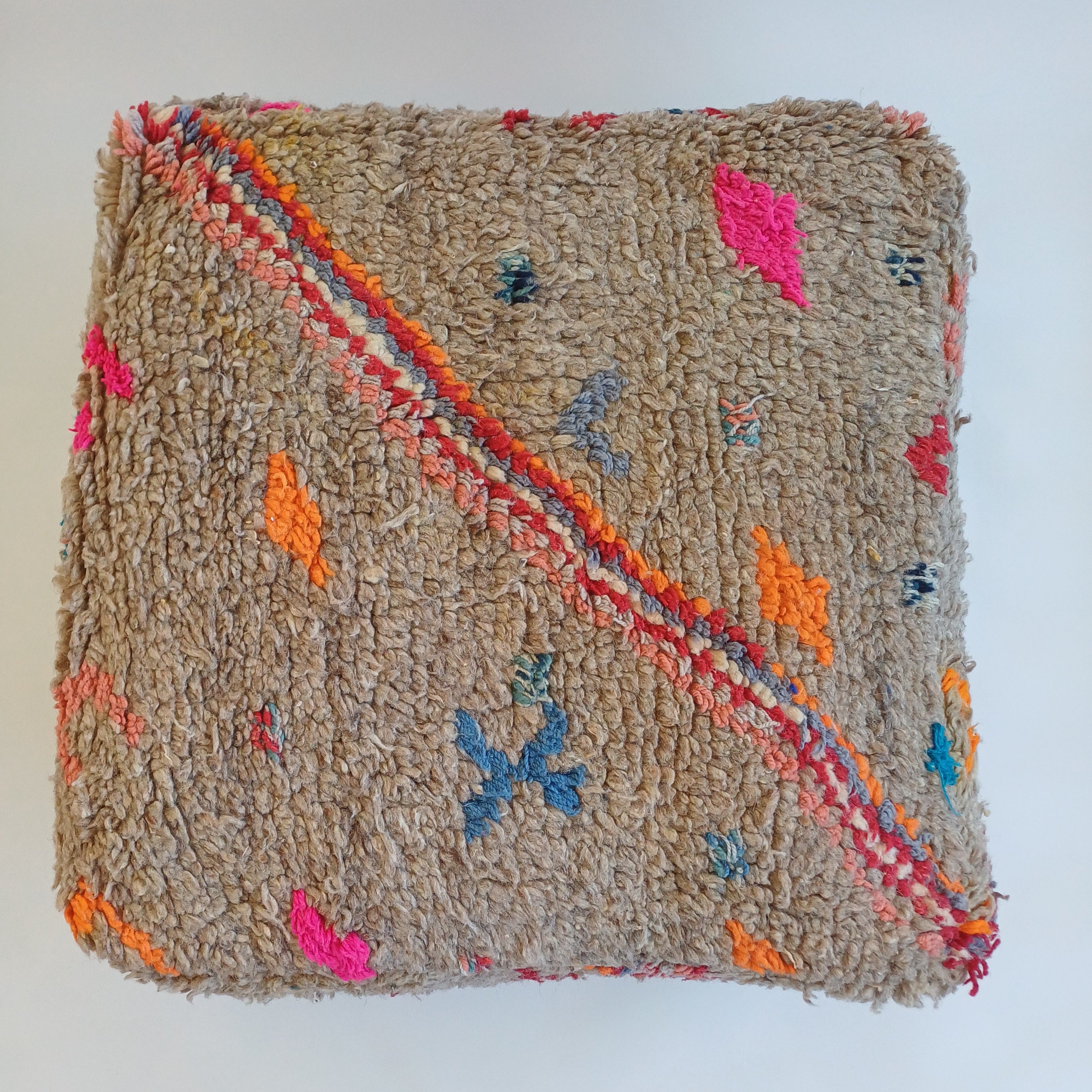 Authentic Vintage Berber Handmade Moroccan Multicoloured Wool Pouf 60x60x20 CM