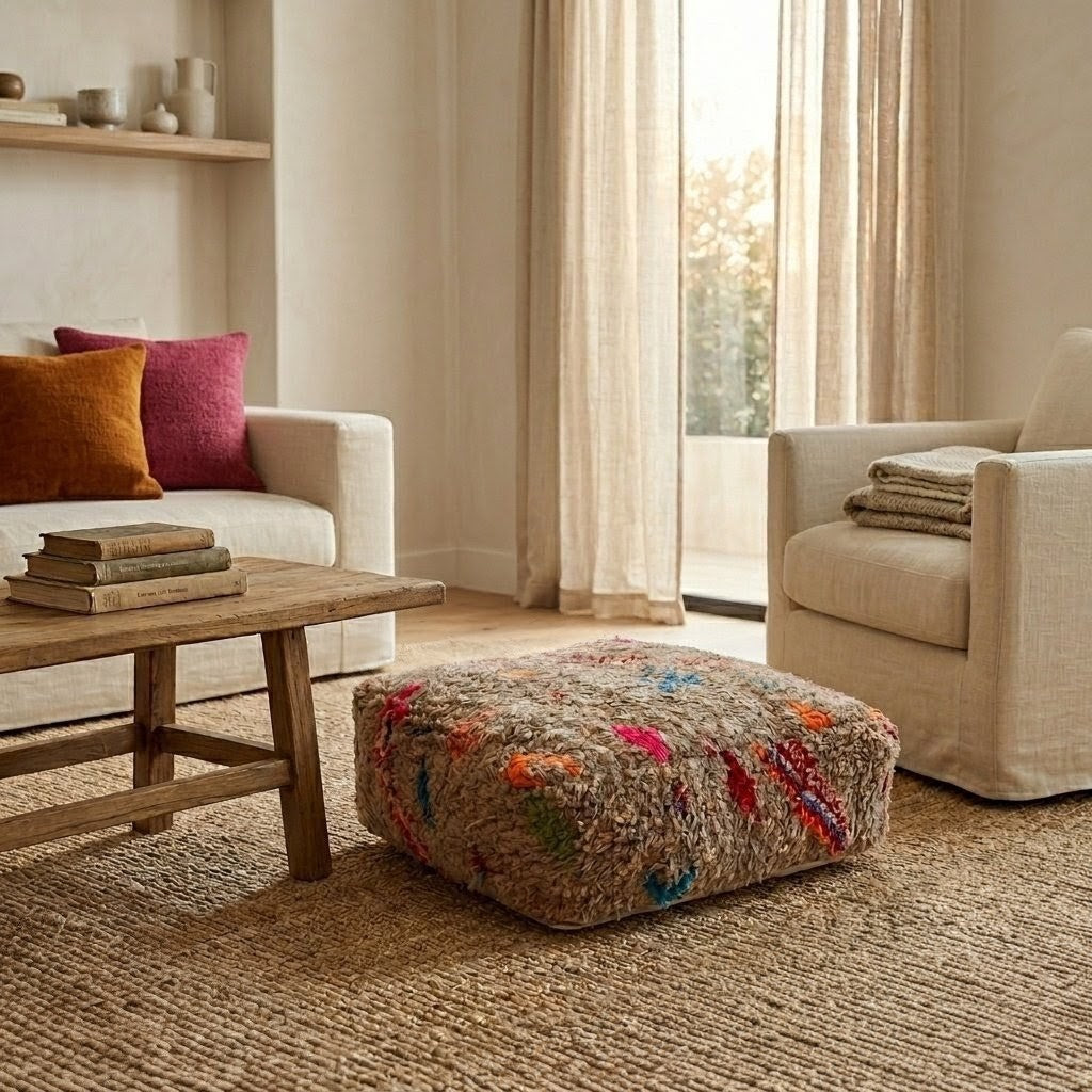 Authentic Vintage Berber Handmade Moroccan Multicoloured Wool Pouf 60x60x20 CM