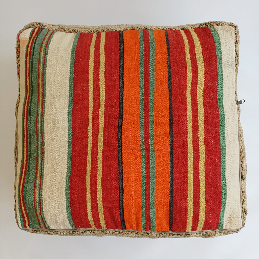 Authentic Vintage Berber Handmade Moroccan Multicoloured Wool Pouf 60x60x20 CM
