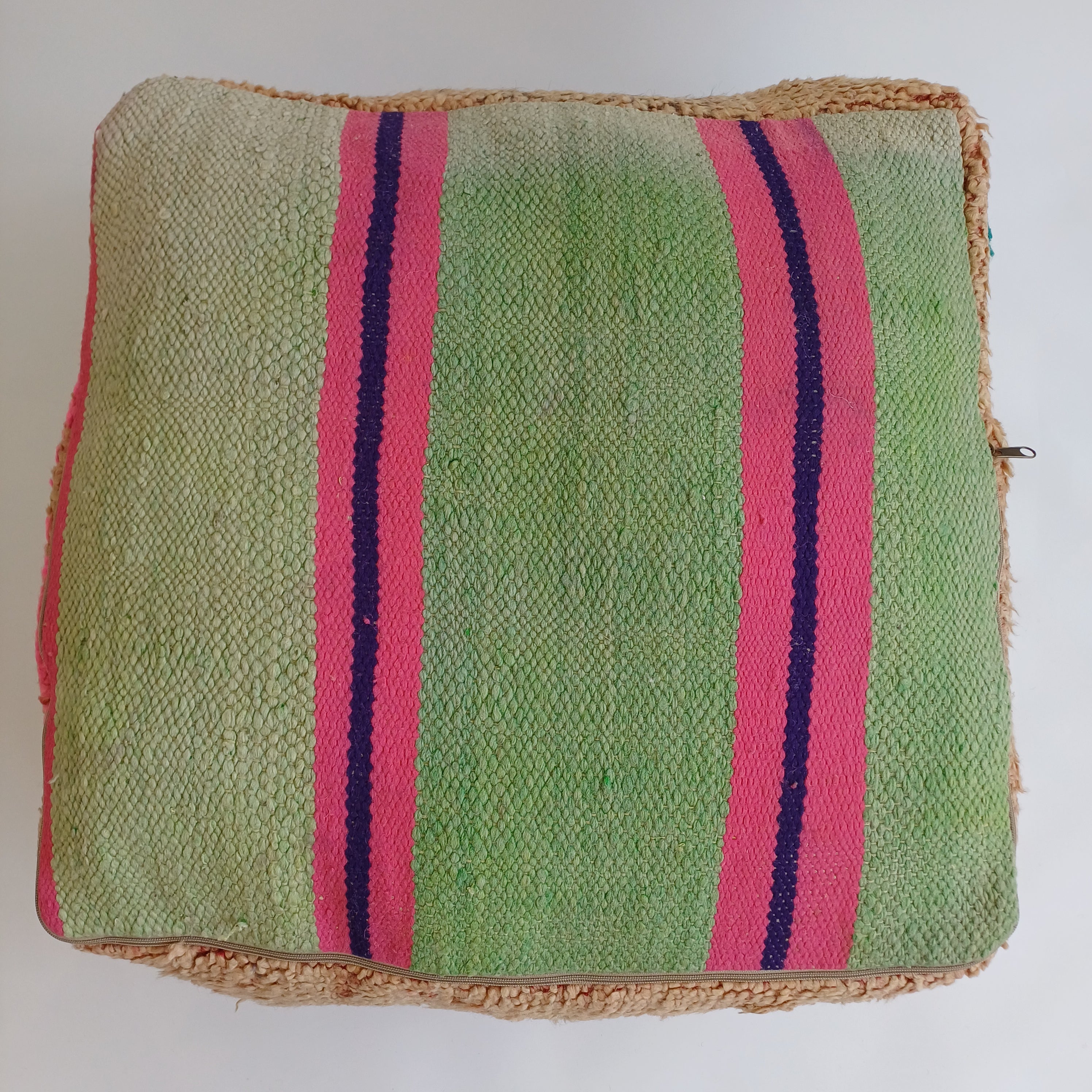 Authentic Vintage Berber Handmade Moroccan Multicoloured Wool Pouf 60x60x20 CM