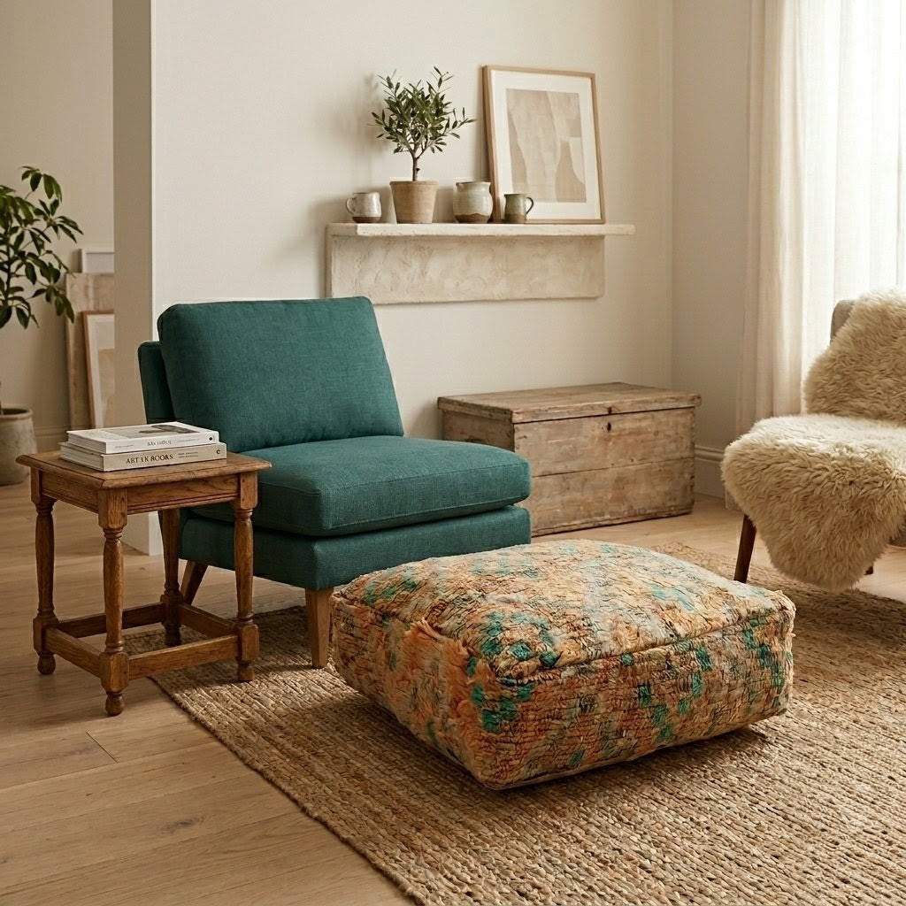 Authentic Vintage Berber Handmade Moroccan Multicoloured Wool Pouf 60x60x20 CM