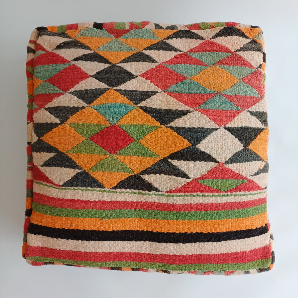 Authentic Vintage Worn-out Berber Handmade Moroccan Multicoloured Wool Pouf 60x60x20 CM