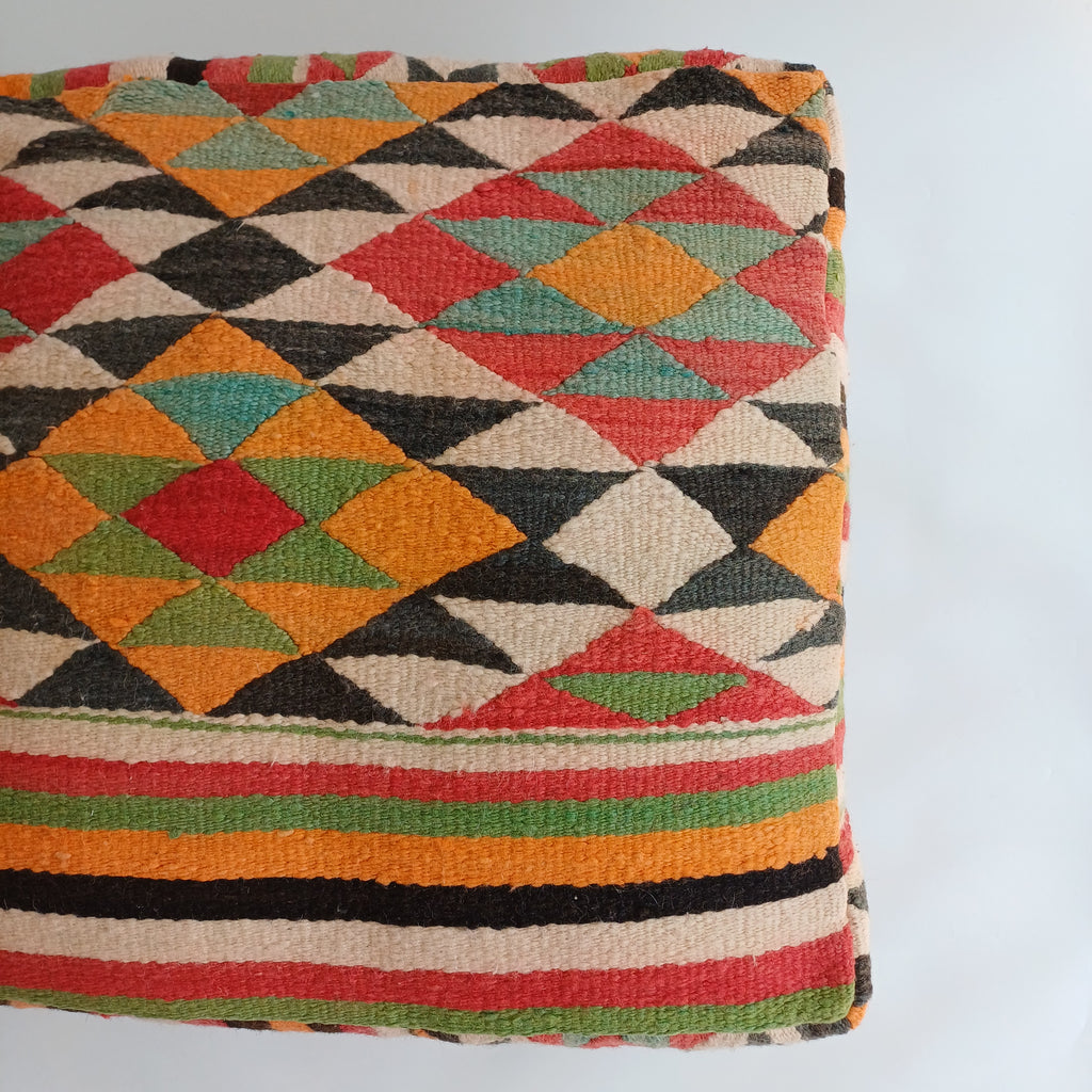 Authentic Vintage Worn-out Berber Handmade Moroccan Multicoloured Wool Pouf 60x60x20 CM