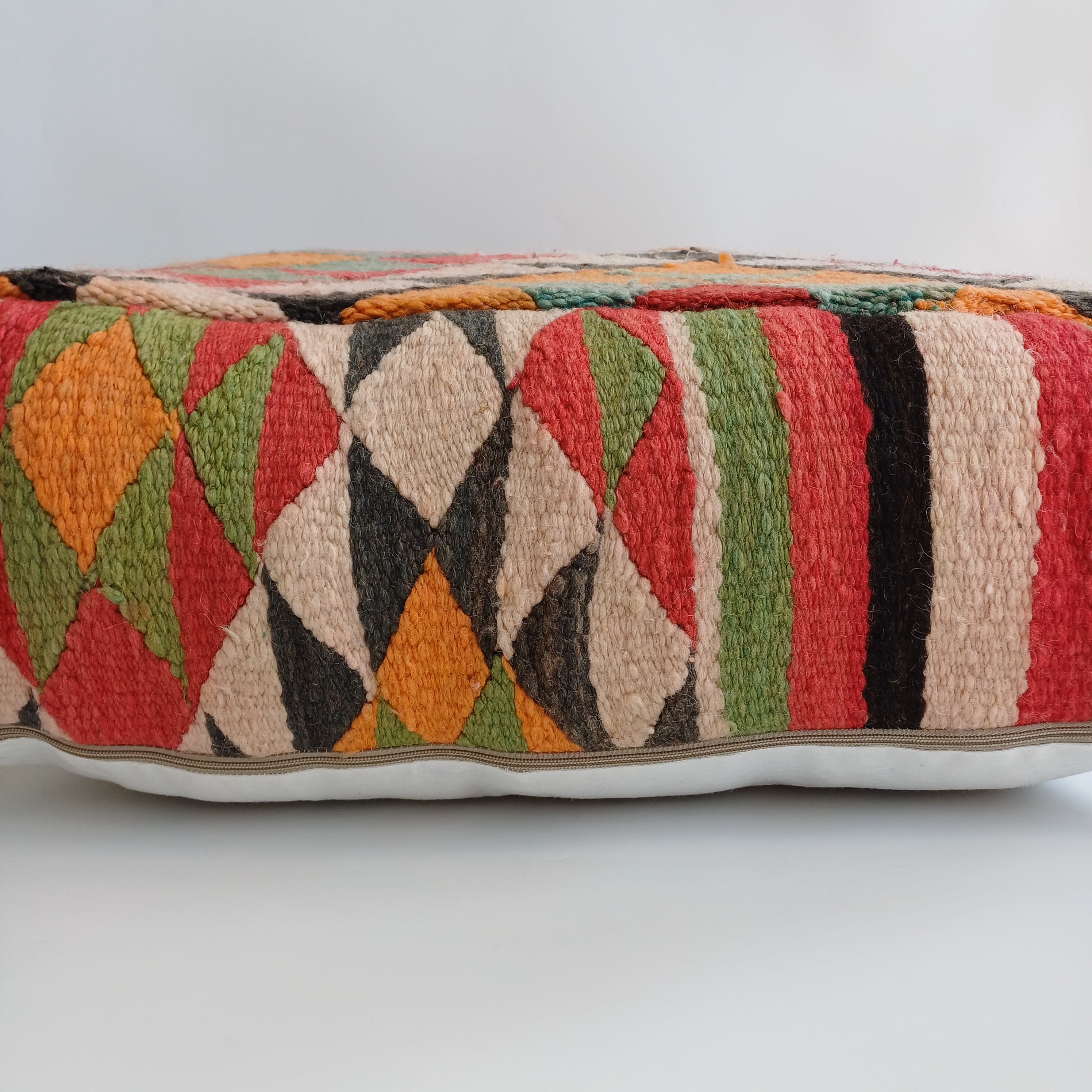 Authentic Vintage Worn-out Berber Handmade Moroccan Multicoloured Wool Pouf 60x60x20 CM