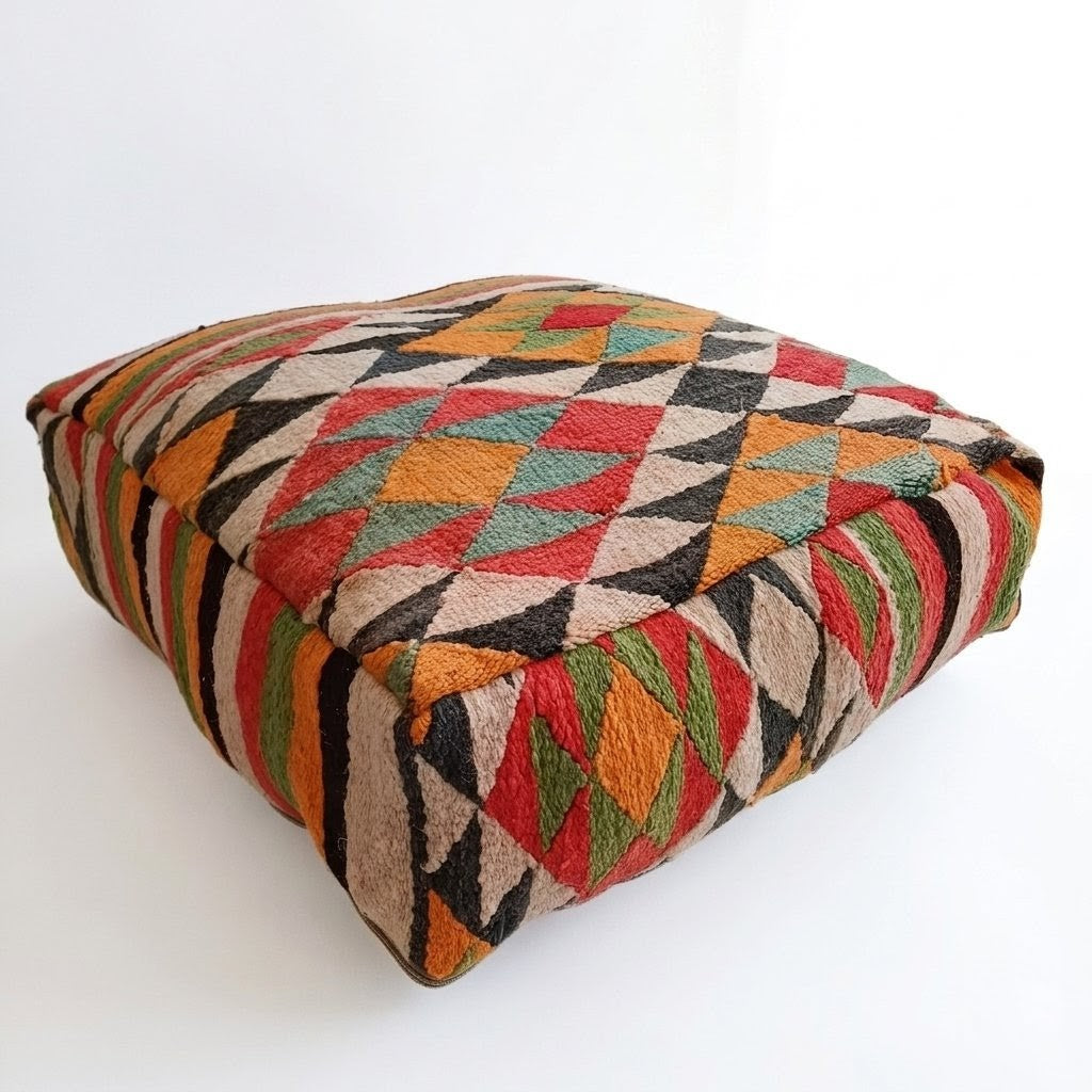 Authentic Vintage Worn-out Berber Handmade Moroccan Multicoloured Wool Pouf 60x60x20 CM