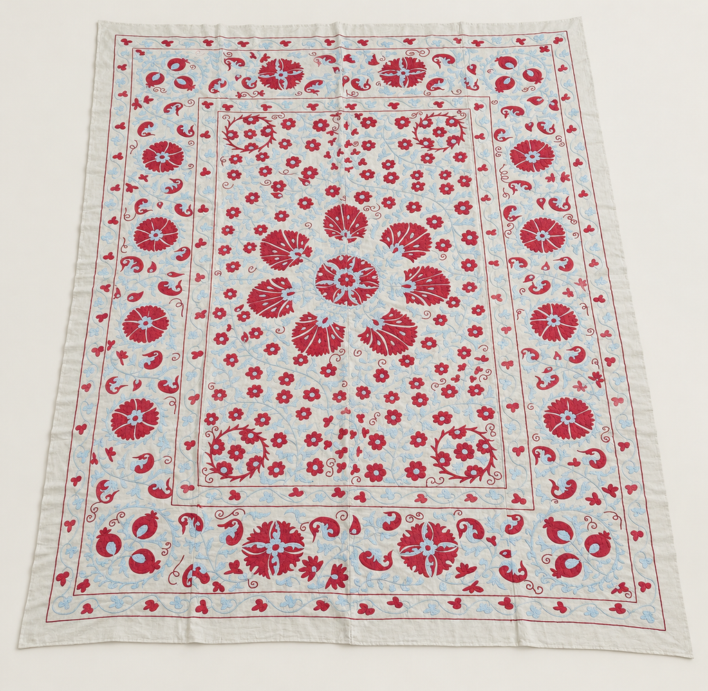 Uzbek Silk Suzani Tapestry,  Hand Embroidered Wall Hanging, Suzani Bedspread, Suzani Tablecloth 254x194 CM