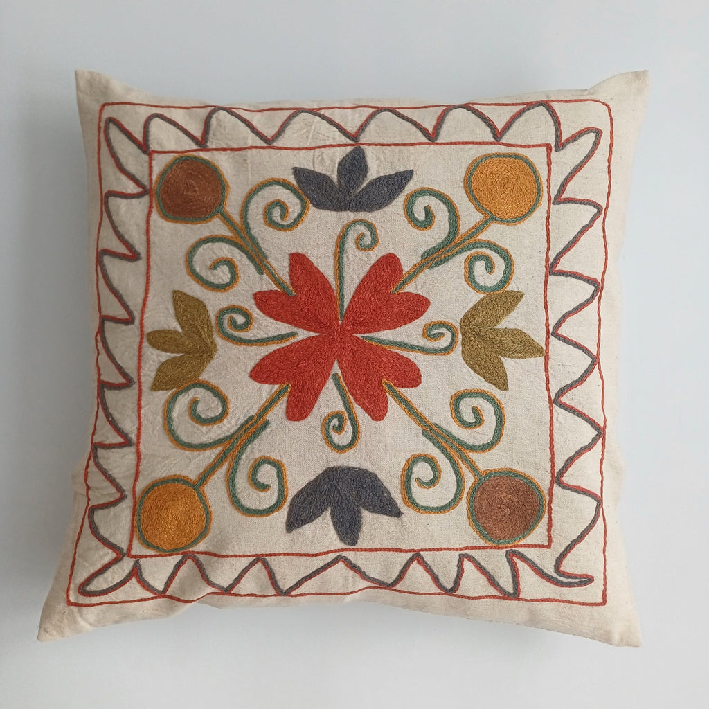 Hand Embroidered Multicolour Uzbek Suzani Cushion Cover 17''x16'' / 44x42 CM