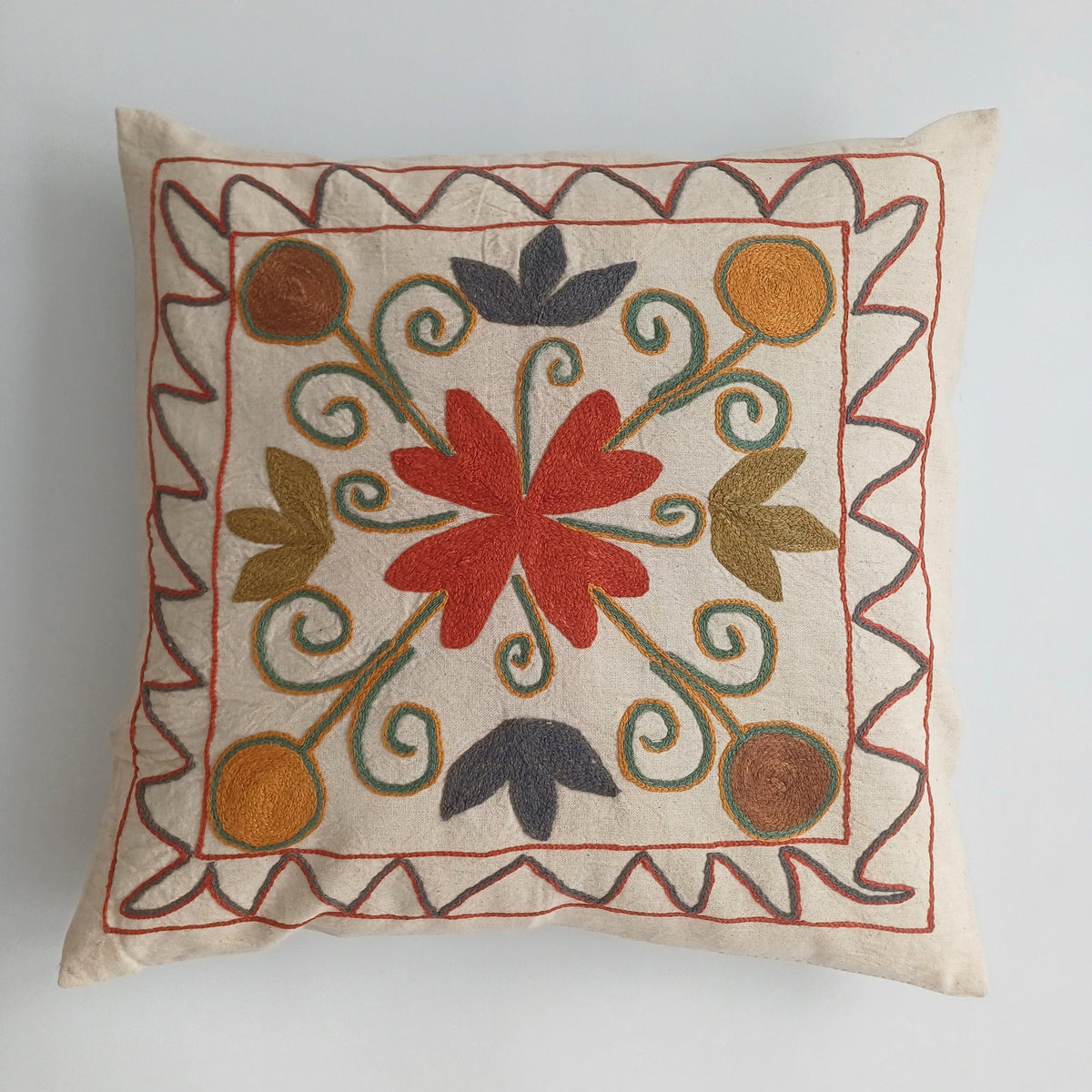 Hand Embroidered Multicolour Uzbek Suzani Cushion Cover 17''x16'' / 44x42 CM