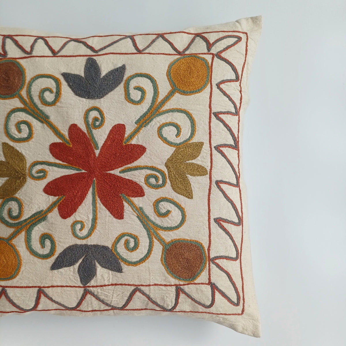 Hand Embroidered Multicolour Uzbek Suzani Cushion Cover 17''x16'' / 44x42 CM