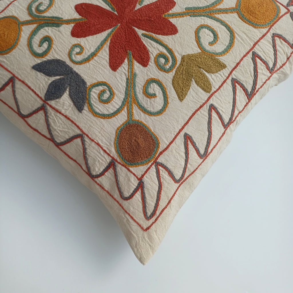 Hand Embroidered Multicolour Uzbek Suzani Cushion Cover 17''x16'' / 44x42 CM