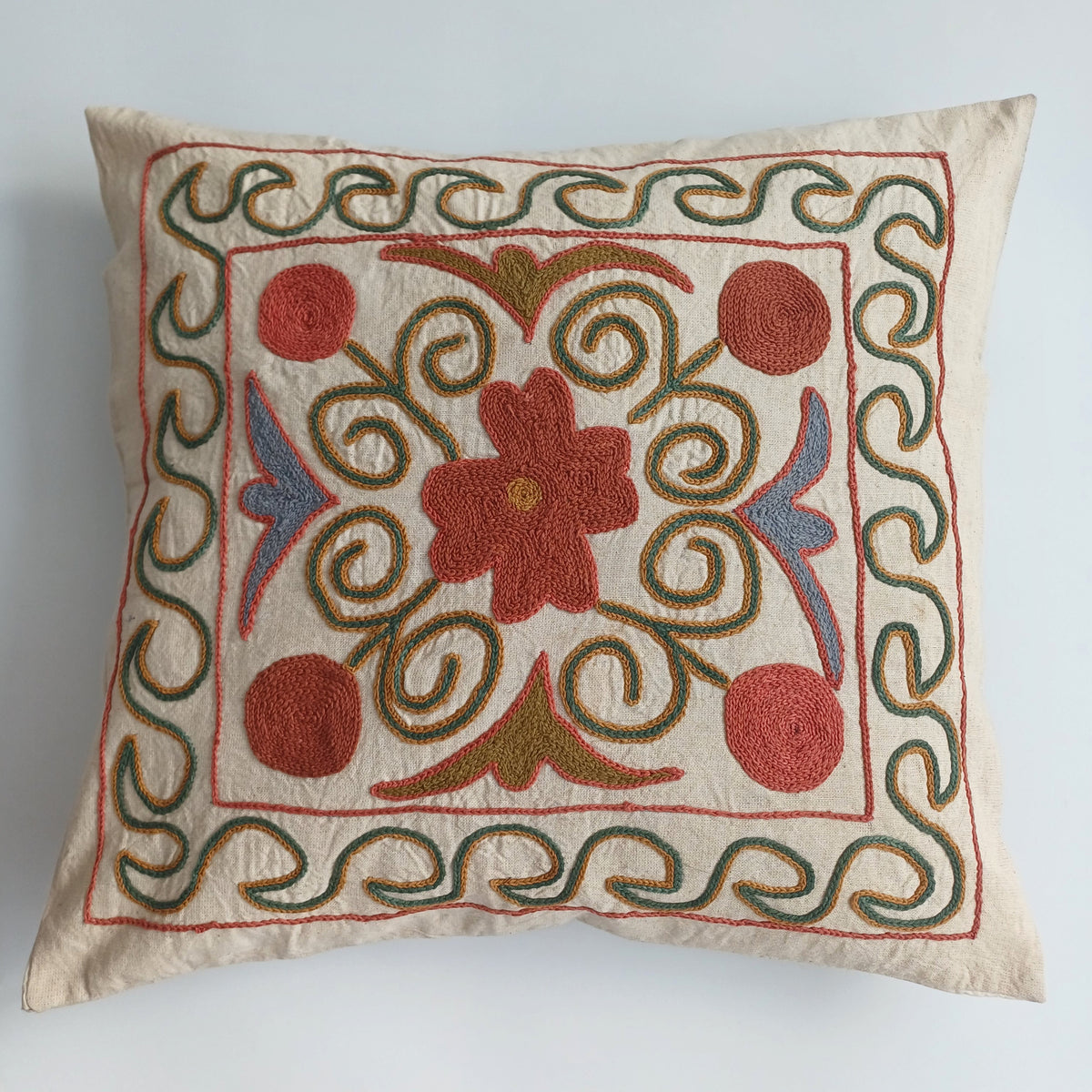 Hand Embroidered Multicolour Uzbek Suzani Cushion Cover 17''x16'' / 44x42 CM