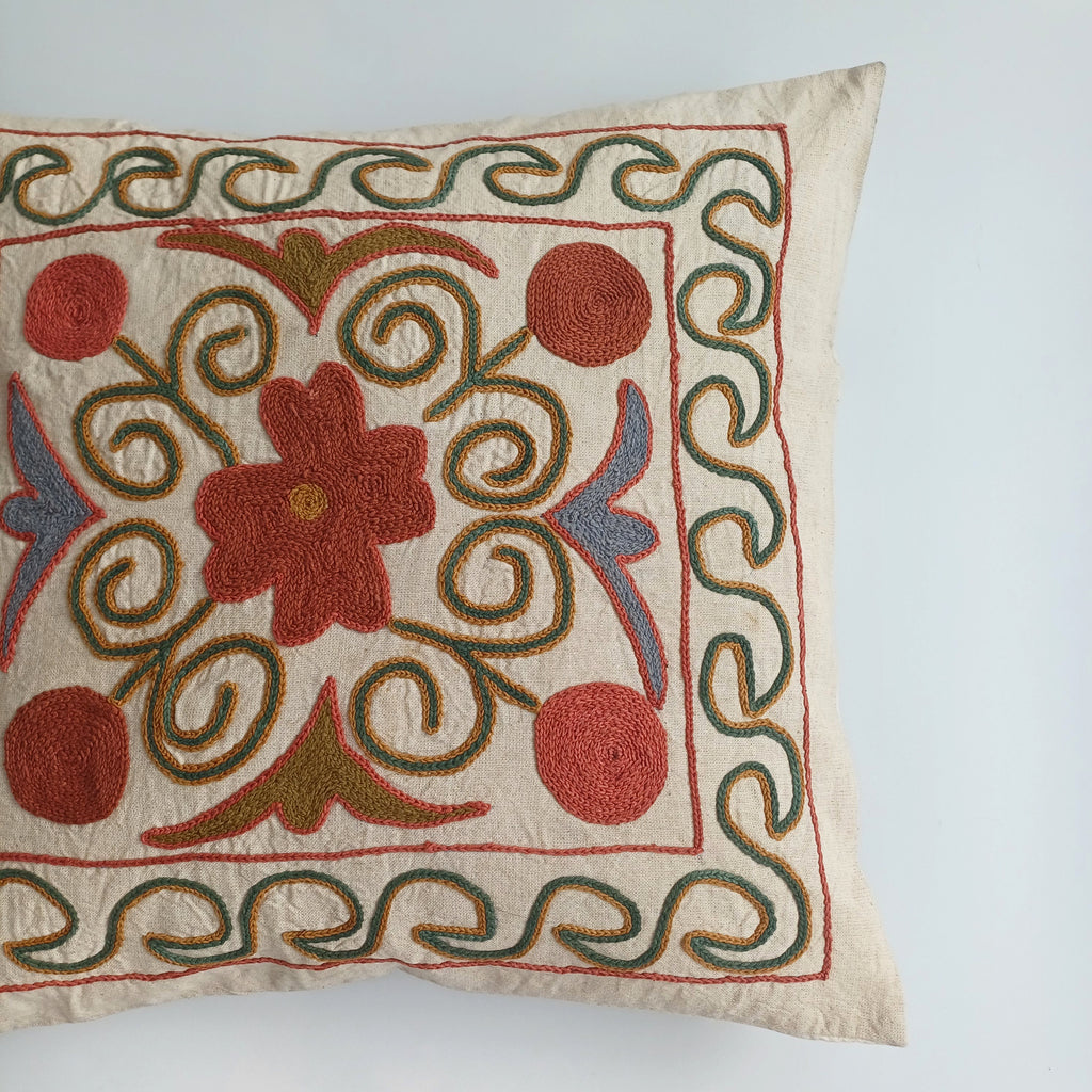 Hand Embroidered Multicolour Uzbek Suzani Cushion Cover 17''x16'' / 44x42 CM