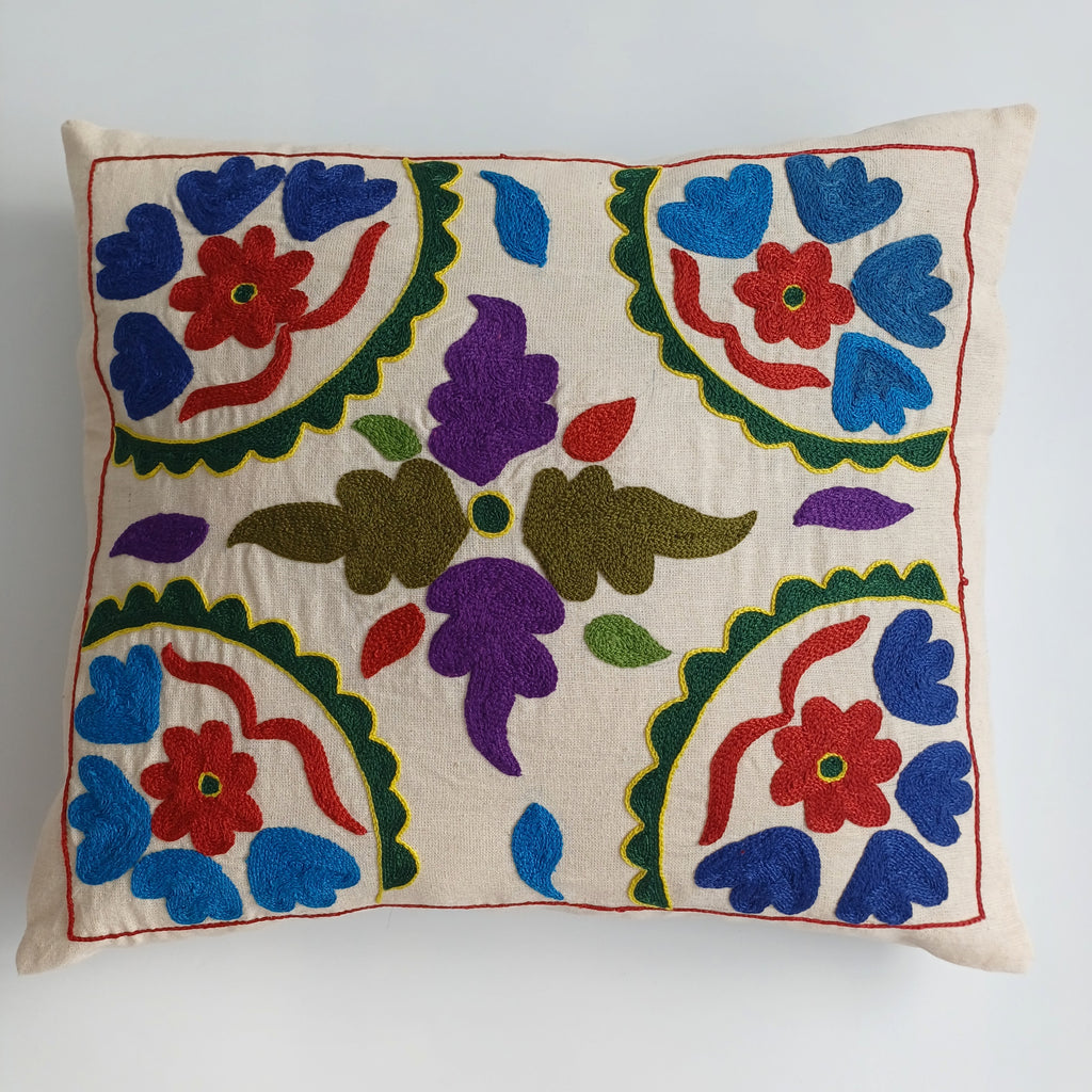 Hand Embroidered Multicolour Uzbek Suzani Cushion Cover 17''x15'' / 45x39 CM