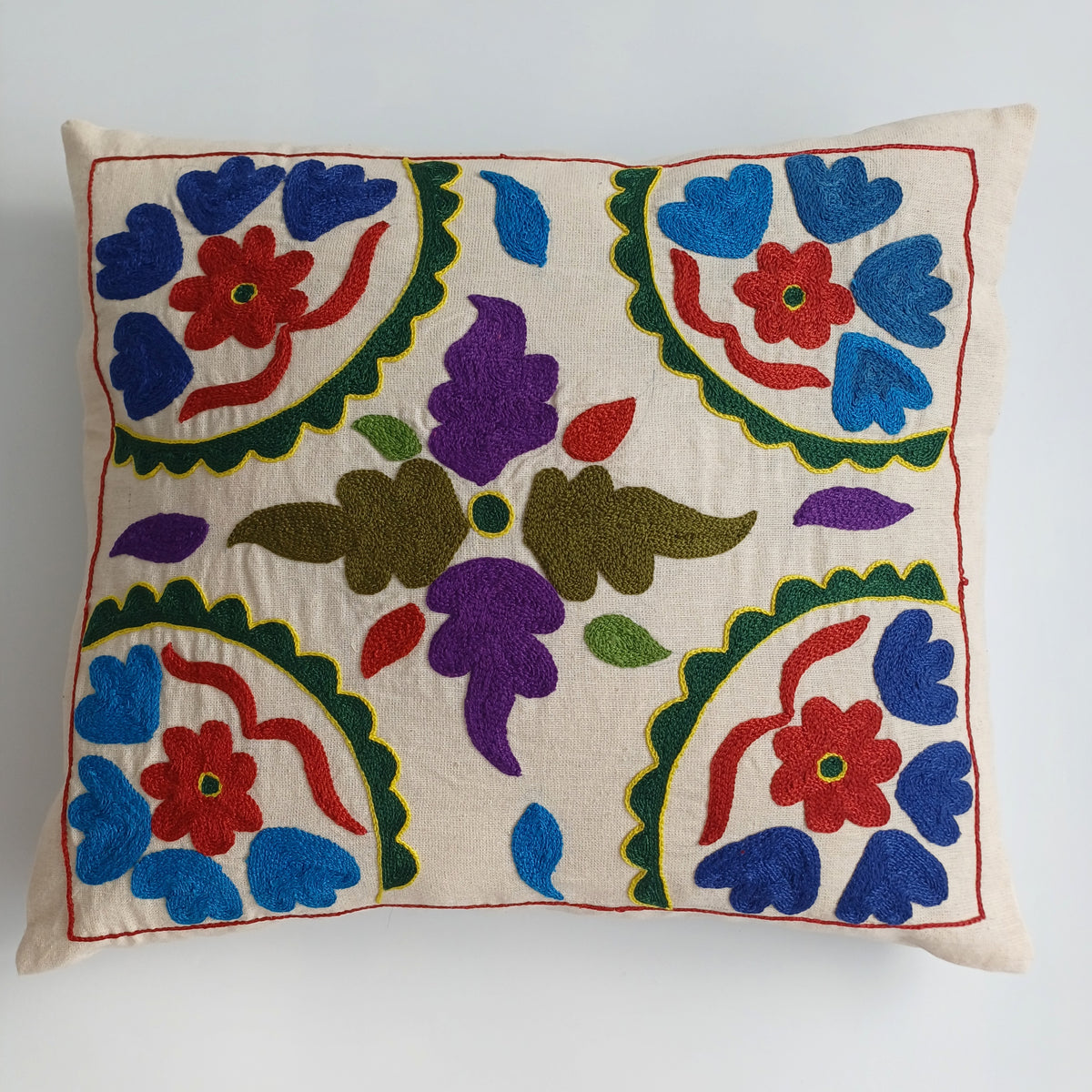 Hand Embroidered Multicolour Uzbek Suzani Cushion Cover 17''x15'' / 45x39 CM