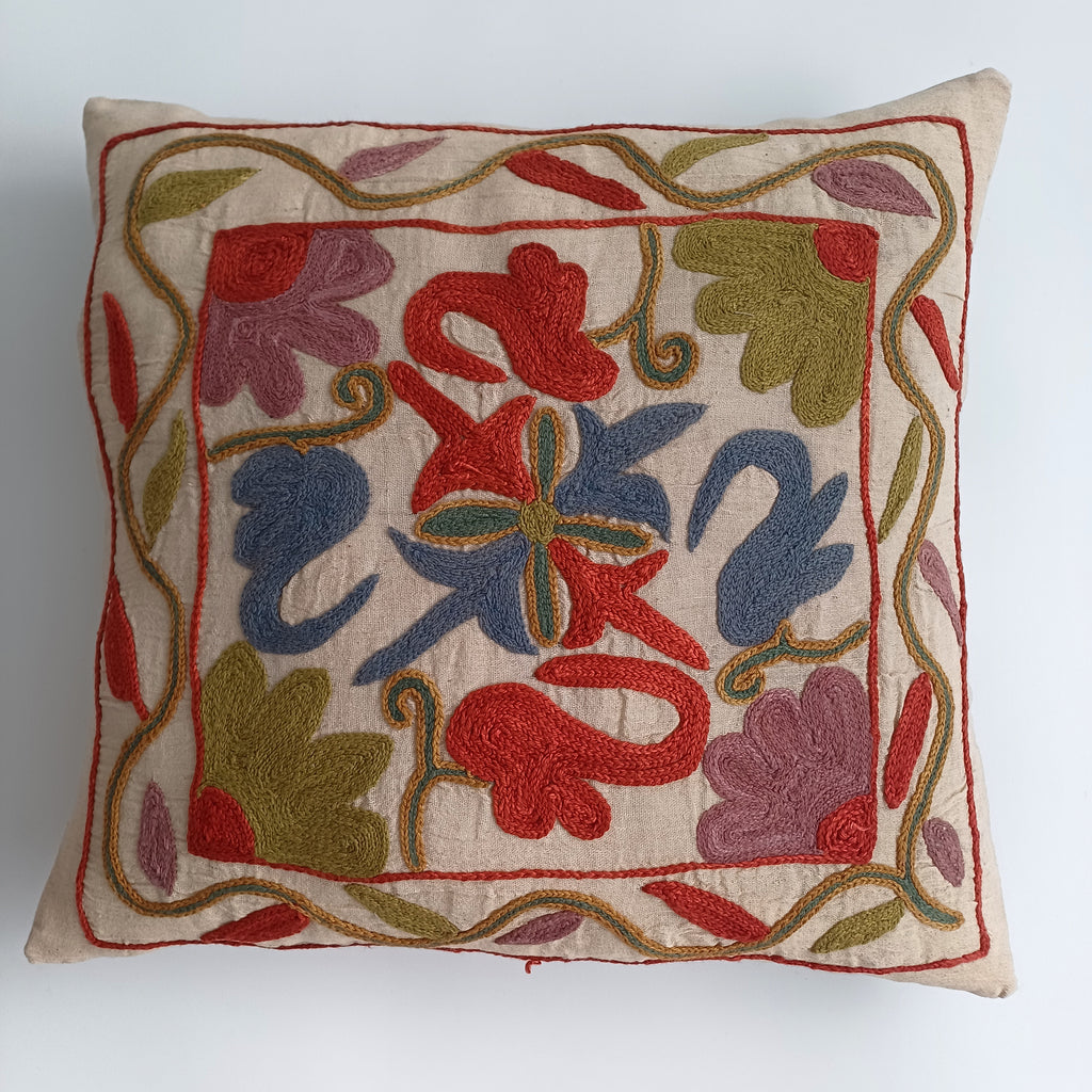 Hand Embroidered Multicolour Uzbek Suzani Cushion Cover 16''x15'' / 41x39 CM
